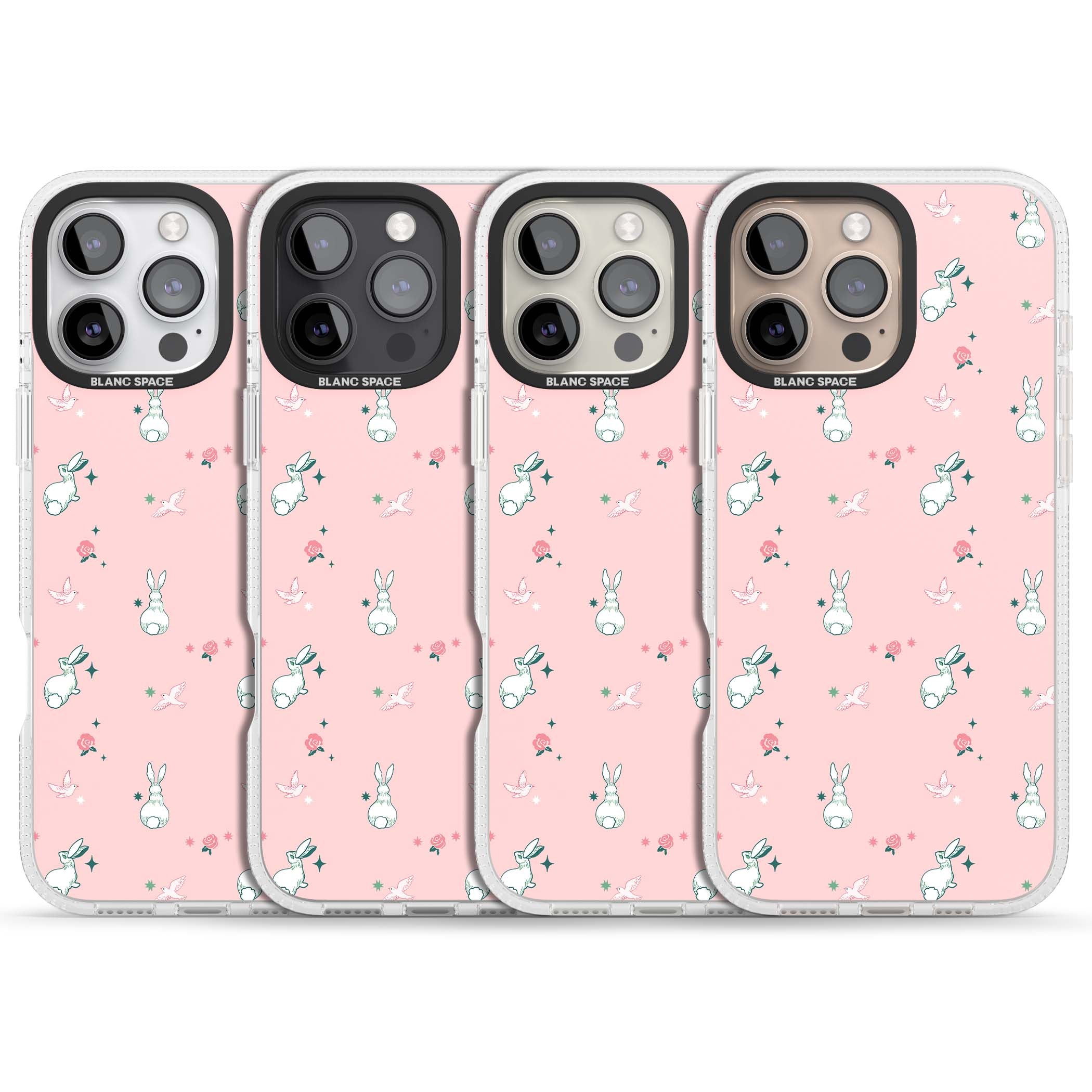 Bunny Garden kawaii iPhone case featuring white rabbits, pink roses, doves and stars on pink background | Clear Case Impact Air case for iPhone 16 Pro, iPhone 16 Pro Max