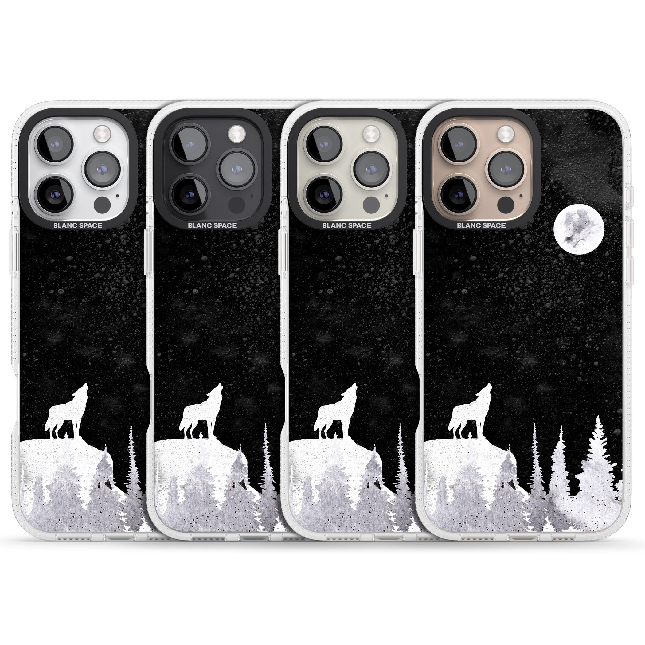 Moon Phases: Wolf & Full Moon iPhone 16 Pro Max / 16 Pro Clear Case Impact Air - Blanc Space