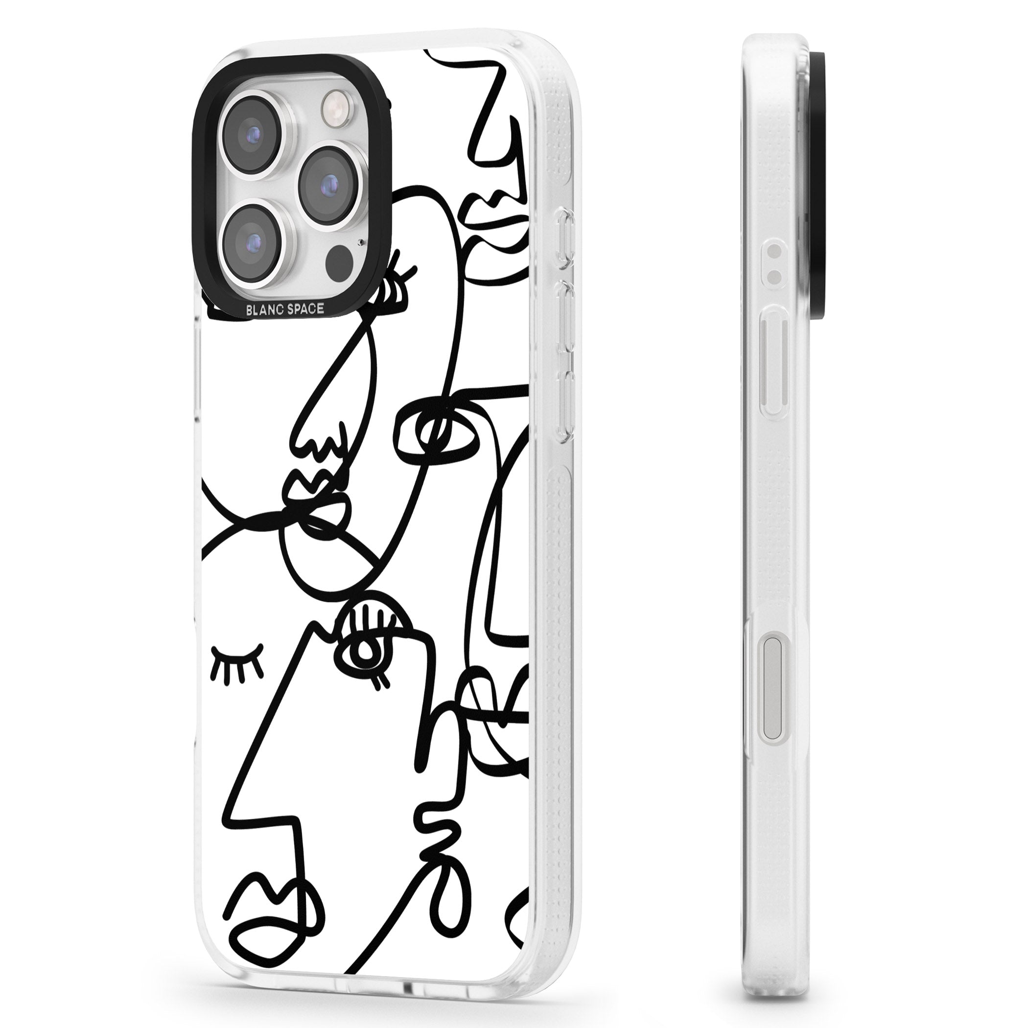 Abstract Continuous Line Faces Black on White iPhone 16 Pro Max / 16 Pro Clear Case Impact Air - Blanc Space