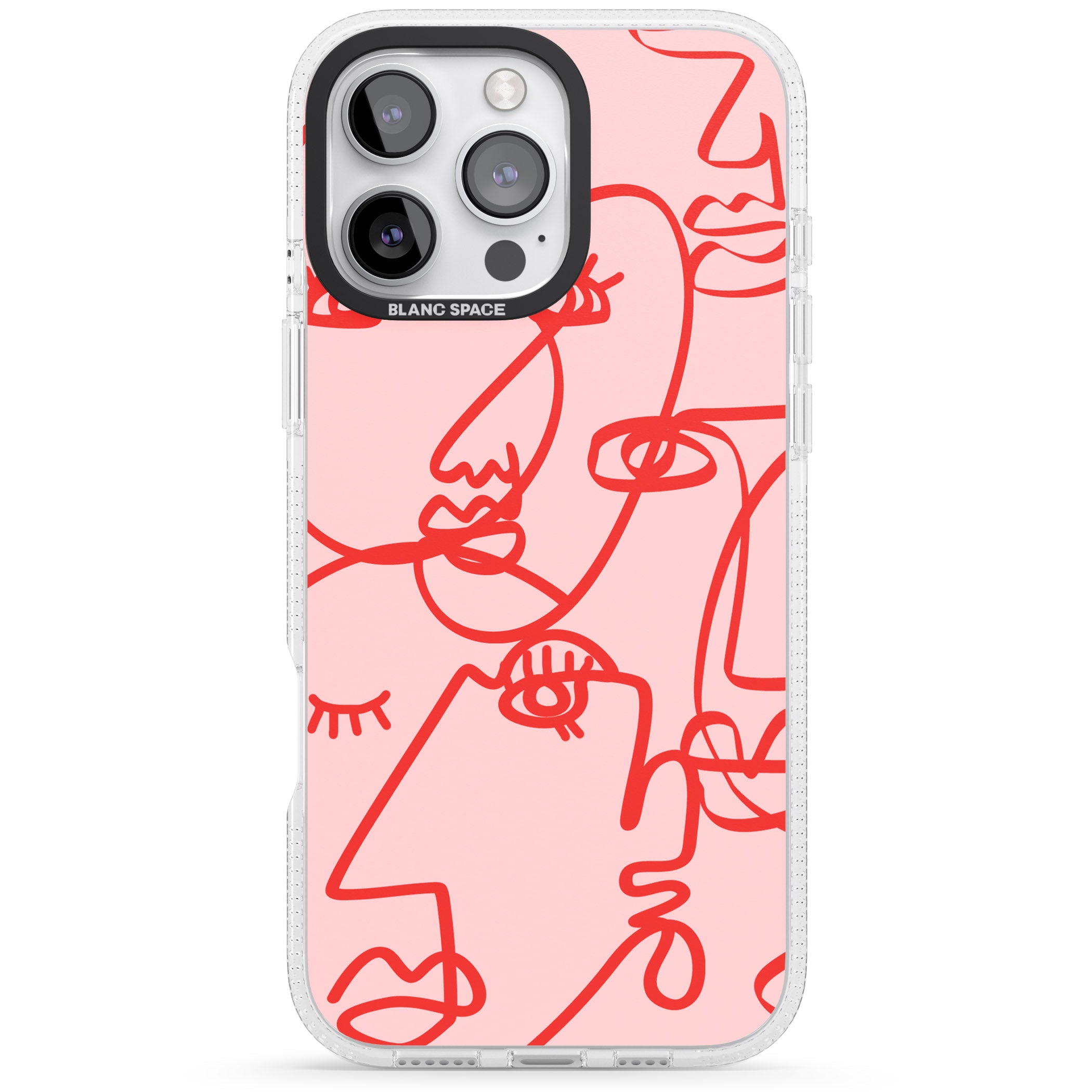 Abstract Continuous Line Faces Red on Pink iPhone 16 Pro Max / 16 Pro Clear Case Impact Air - Blanc Space