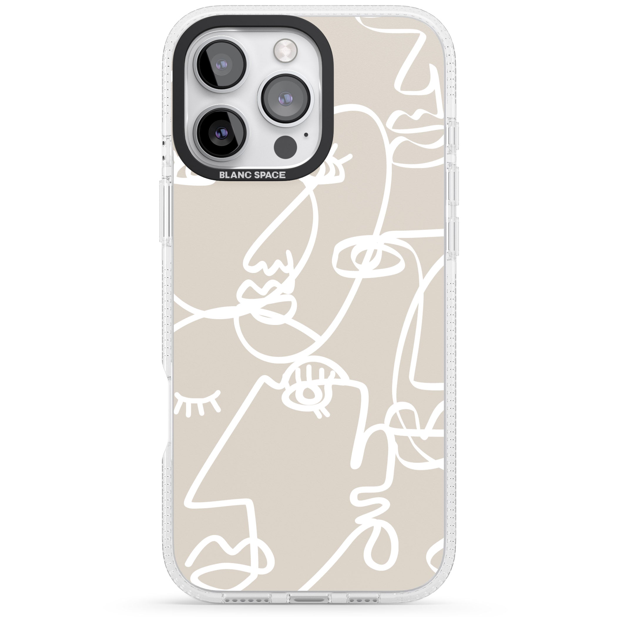 Abstract Continuous Line Faces White on Beige iPhone 16 Pro Max / 16 Pro Clear Case Impact Air - Blanc Space