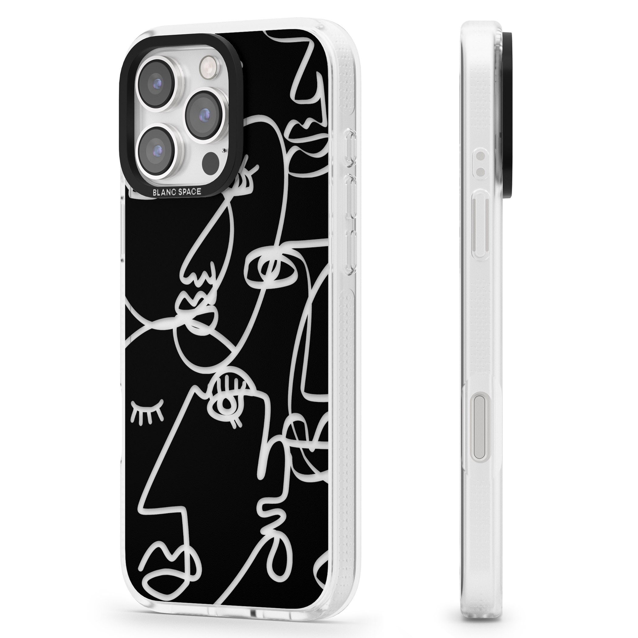 Abstract Continuous Line Faces Clear on Black iPhone 16 Pro Max / 16 Pro Clear Case Impact Air - Blanc Space