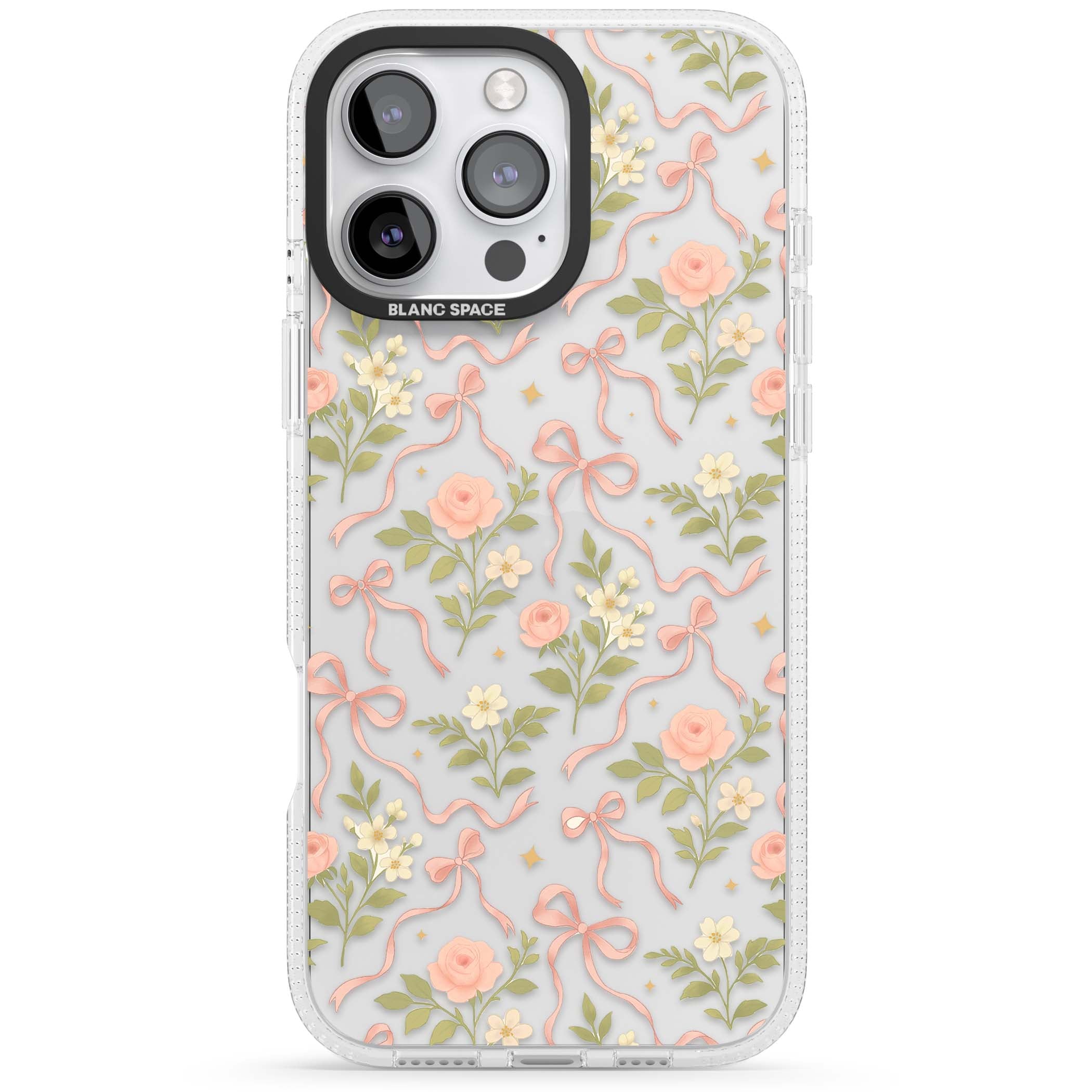 Ribbon Garden coquette iPhone case featuring pink bows, peach roses and wildflowers on white background | Clear Case Impact Air case for iPhone 16 Pro, iPhone 16 Pro Max