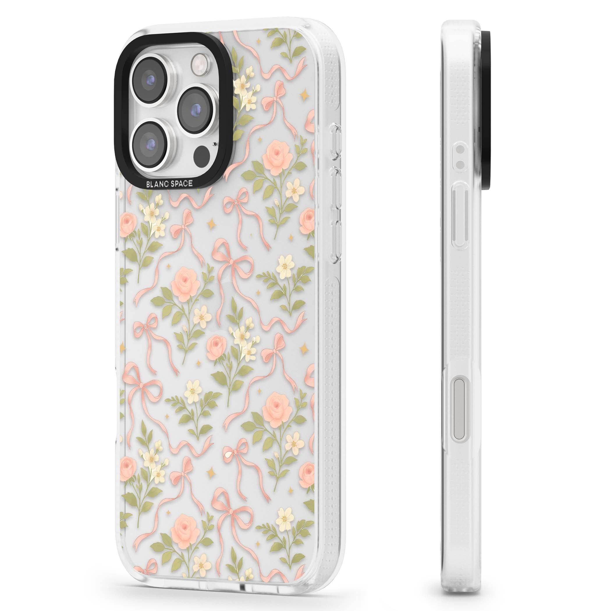 Ribbon Garden coquette iPhone case featuring pink bows, peach roses and wildflowers on white background | Clear Case Impact Air case for iPhone 16 Pro, iPhone 16 Pro Max