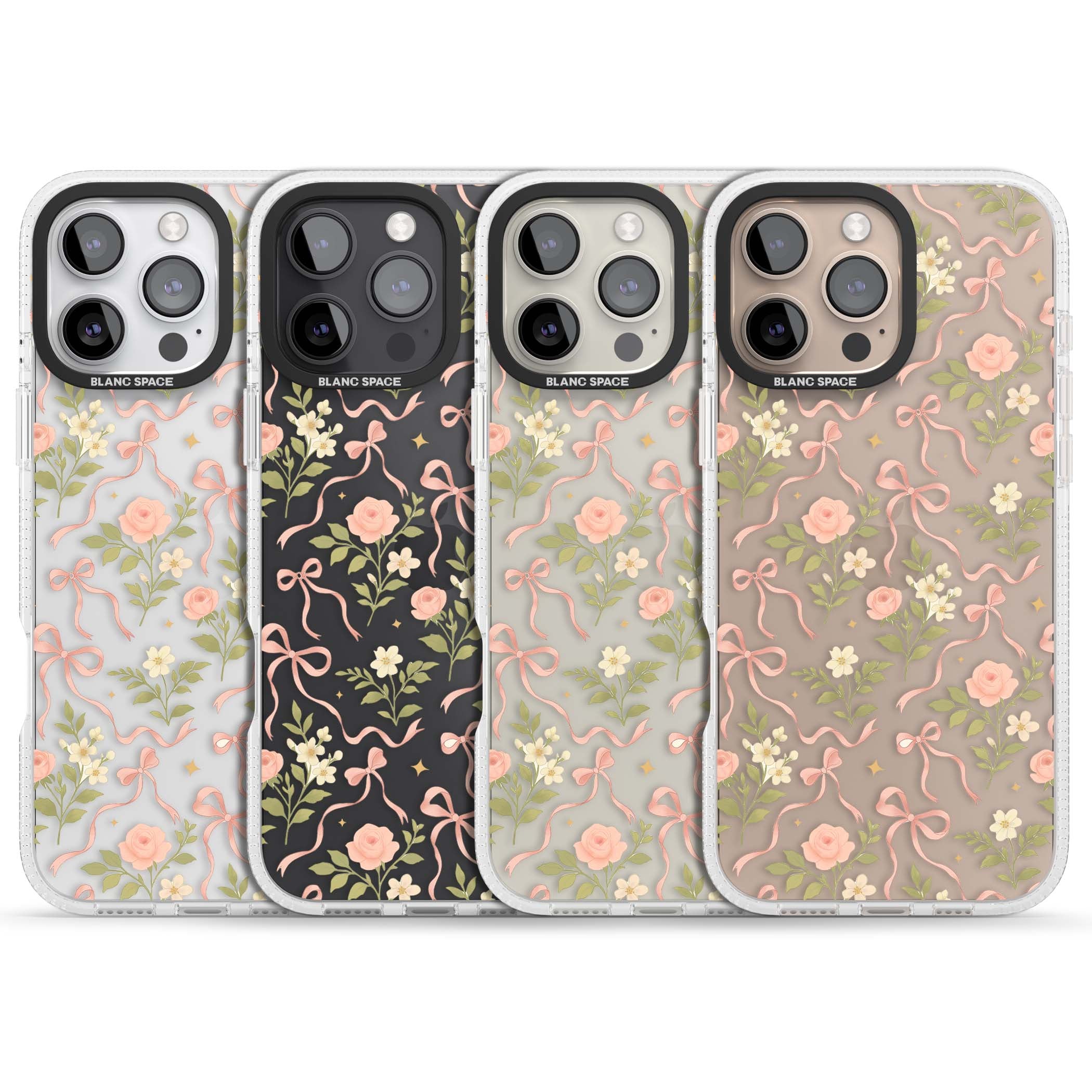 Ribbon Garden coquette iPhone case featuring pink bows, peach roses and wildflowers on white background | Clear Case Impact Air case for iPhone 16 Pro, iPhone 16 Pro Max