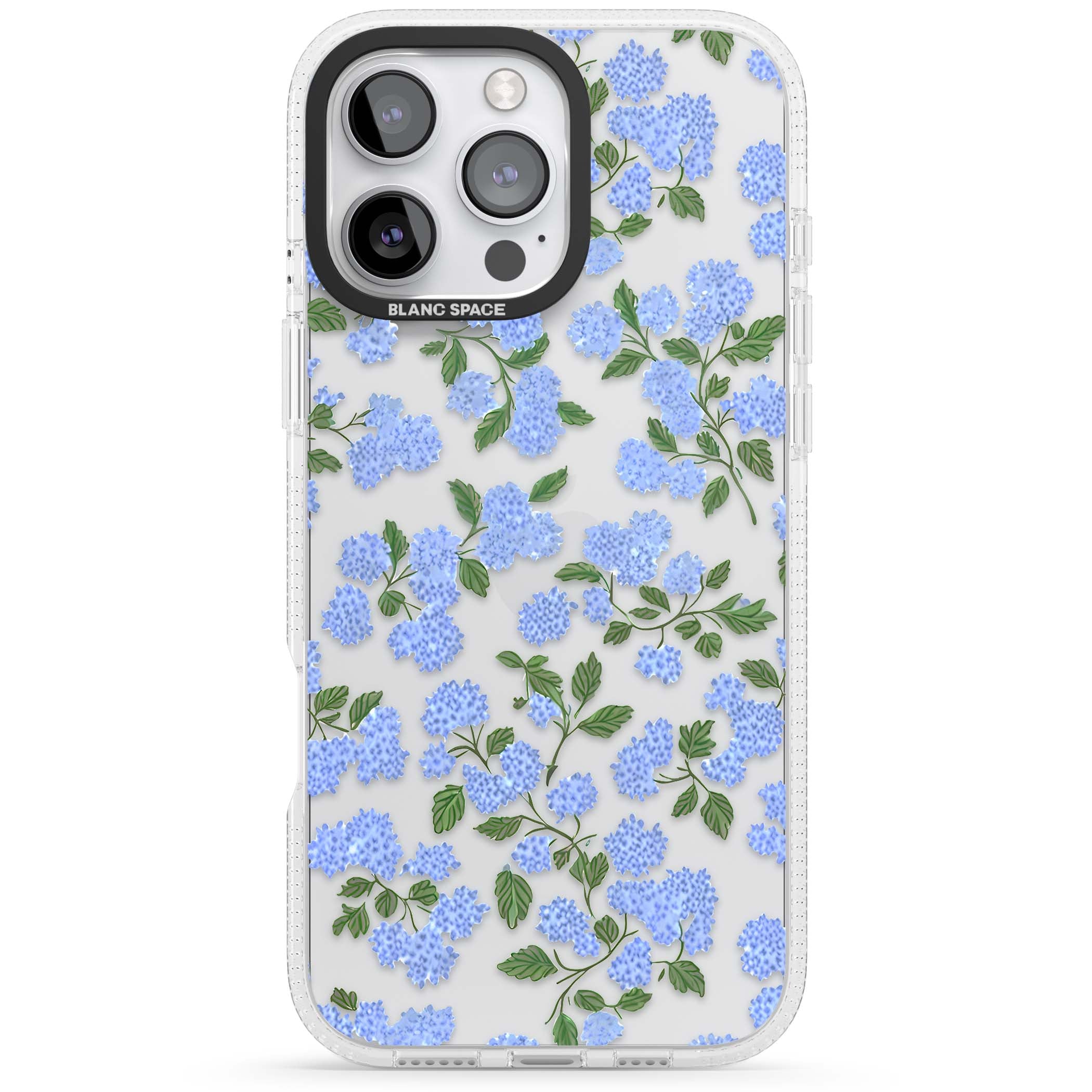 Hydrangea Dreams cottagecore iPhone case featuring soft blue hydrangea flower clusters and green leaves | Clear Case Impact Air case for iPhone 16 Pro, iPhone 16 Pro Max