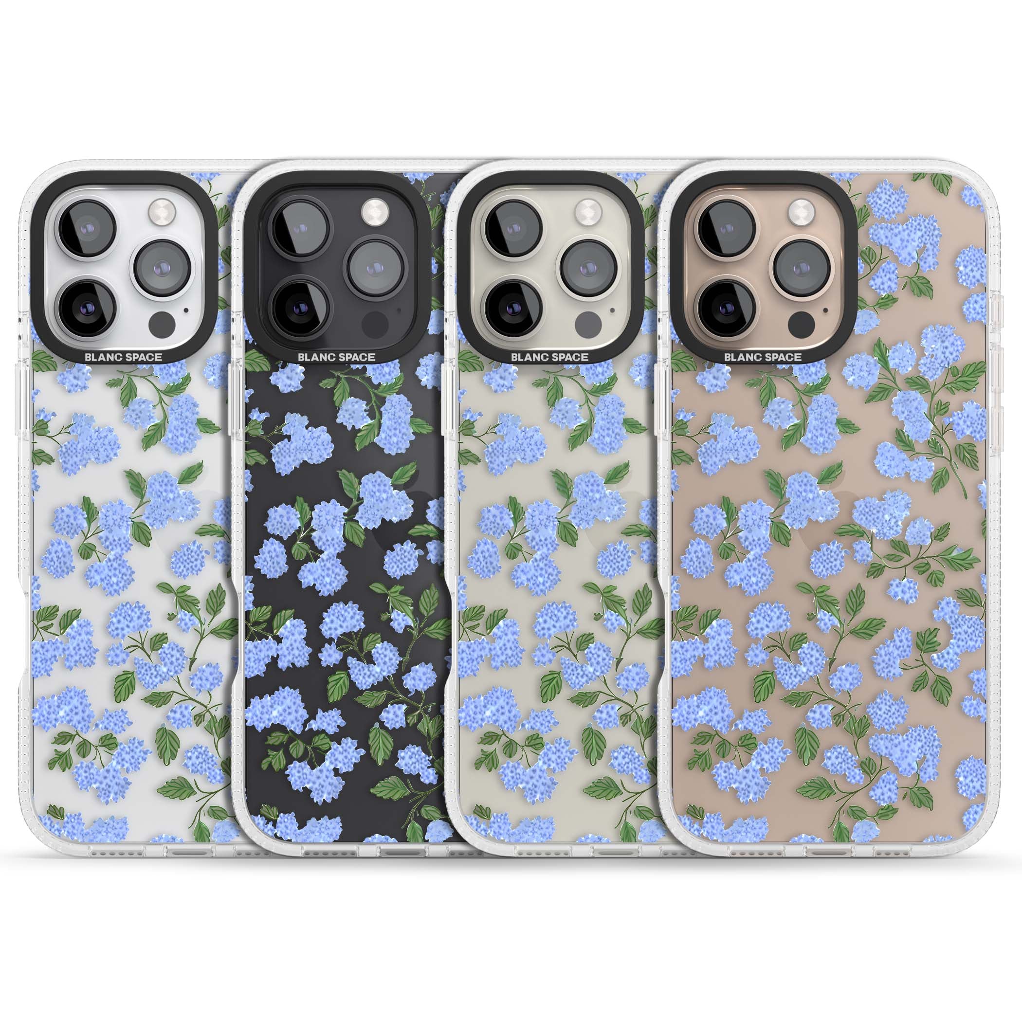 Hydrangea Dreams cottagecore iPhone case featuring soft blue hydrangea flower clusters and green leaves | Clear Case Impact Air case for iPhone 16 Pro, iPhone 16 Pro Max