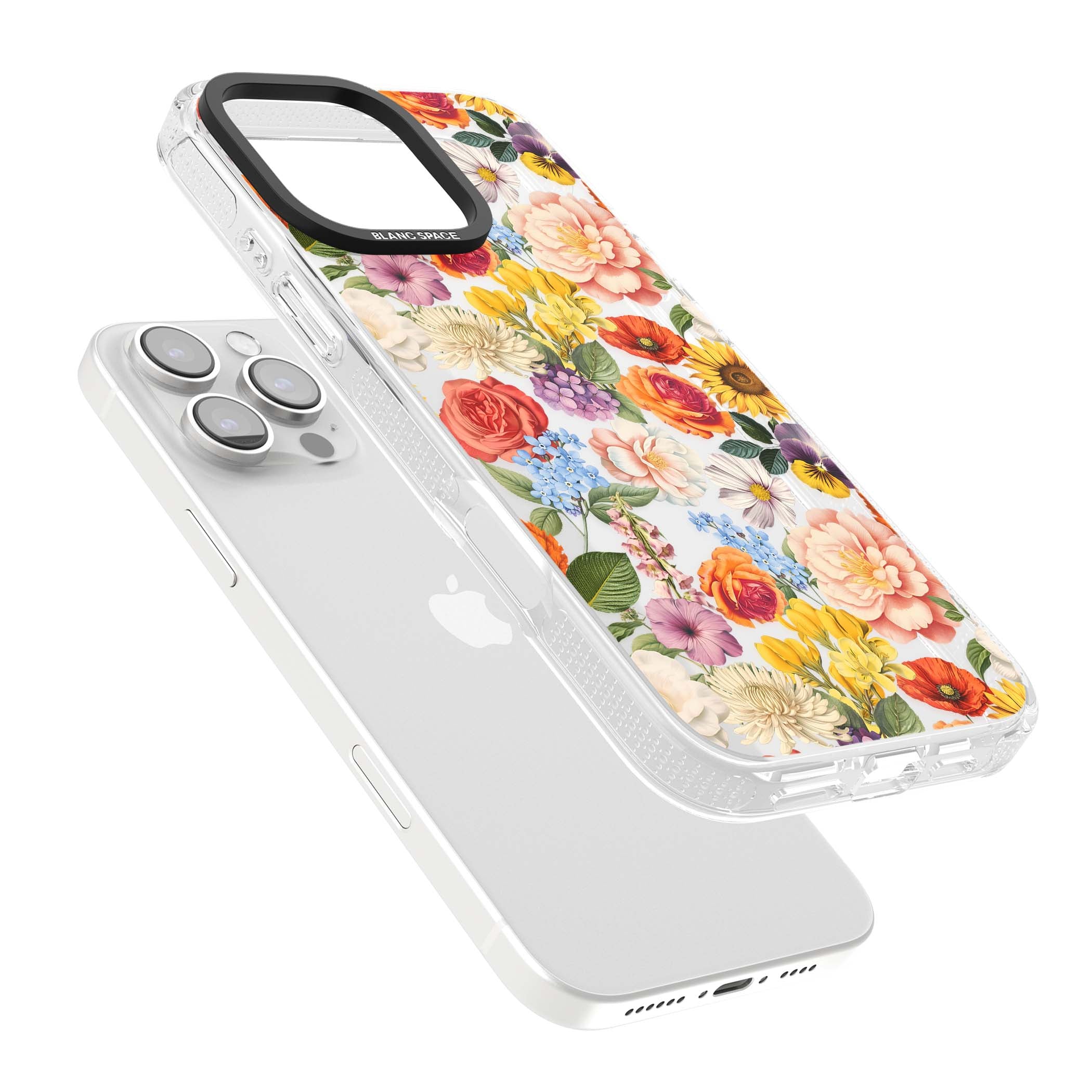 Bloom Basket floral iPhone case featuring cottage garden flowers including peonies, sunflowers, and wildflowers in pastel col | Clear Case Impact Air case for iPhone 16 Pro, iPhone 16 Pro Max