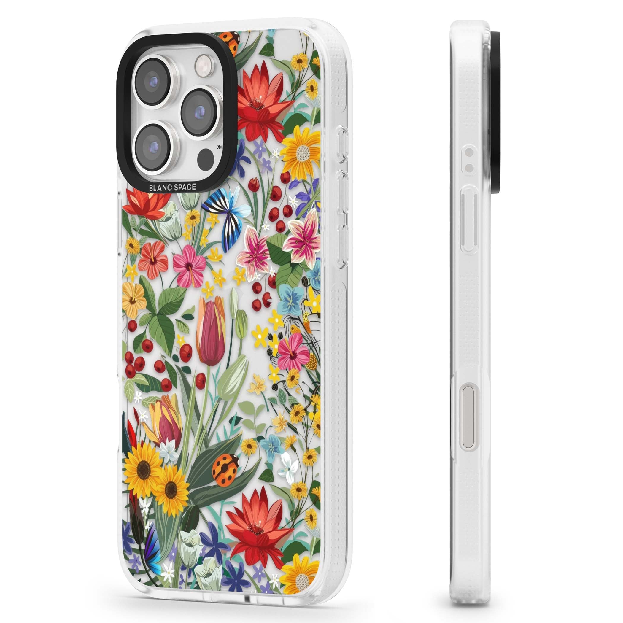 Botanical Bloom cottagecore iPhone case featuring colorful wildflowers, sunflowers, and ladybugs on clear background | Clear Case Impact Air case for iPhone 16 Pro, iPhone 16 Pro Max