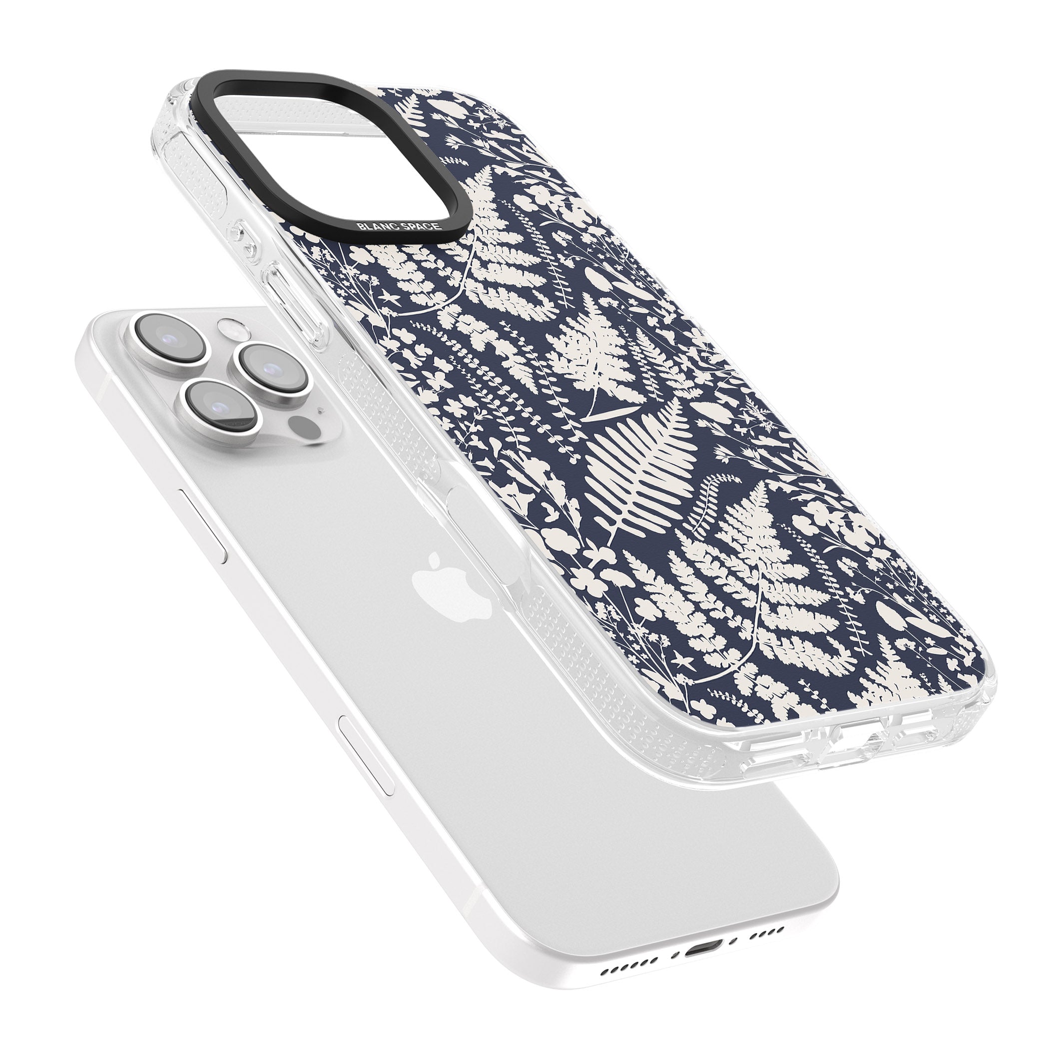 Wildflowers and Ferns on Navy iPhone 16 Pro Max / 16 Pro Clear Case Impact Air - Blanc Space