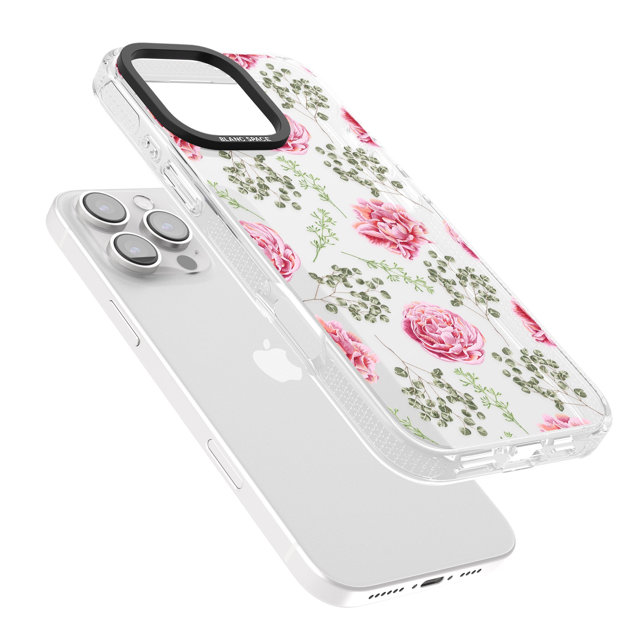 Roses & Eucalyptus Transparent Floral iPhone 16 Pro Max / 16 Pro Clear Case Impact Air - Blanc Space