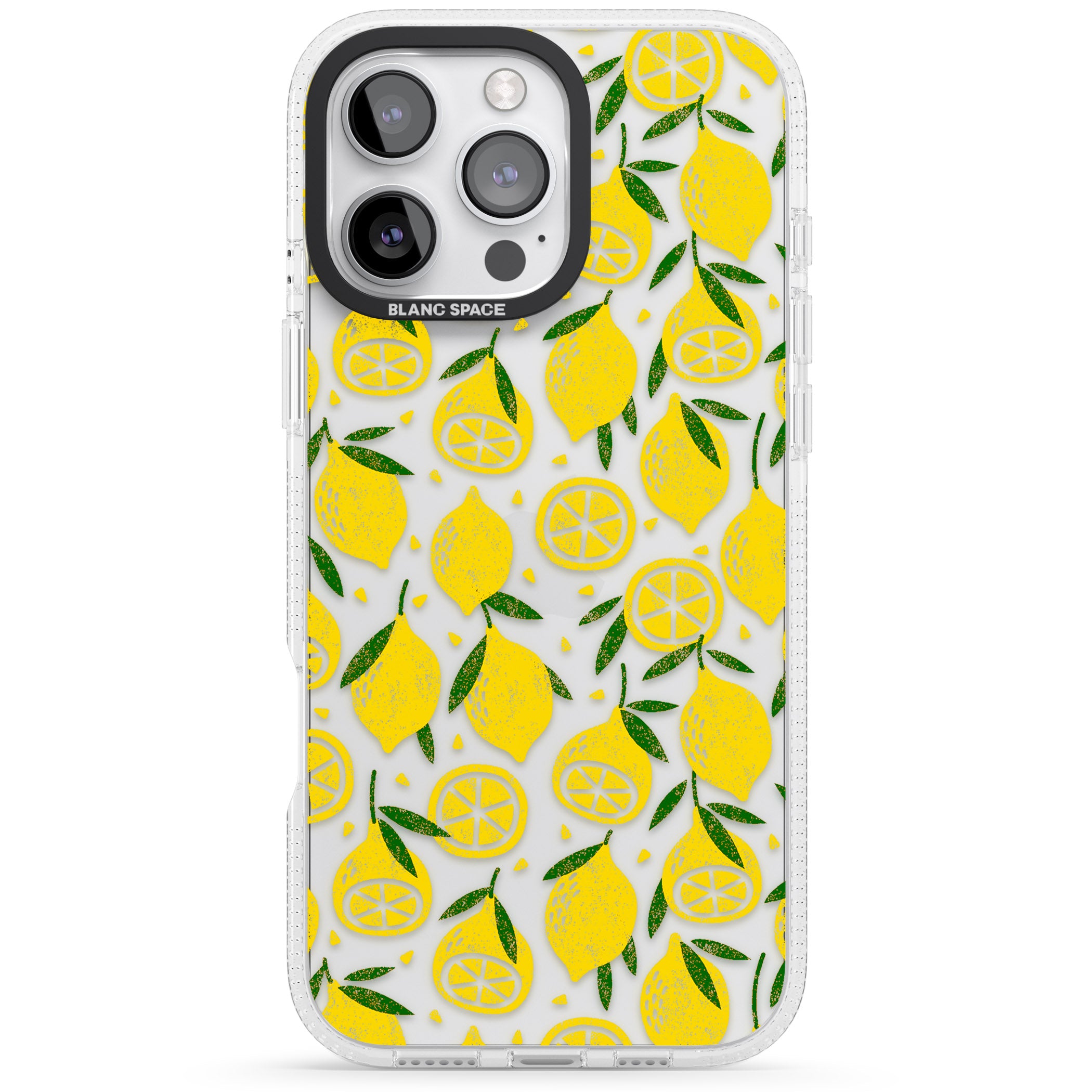 Bright Lemon Fruity Pattern iPhone 16 Pro Max / 16 Pro Clear Case Impact Air - Blanc Space