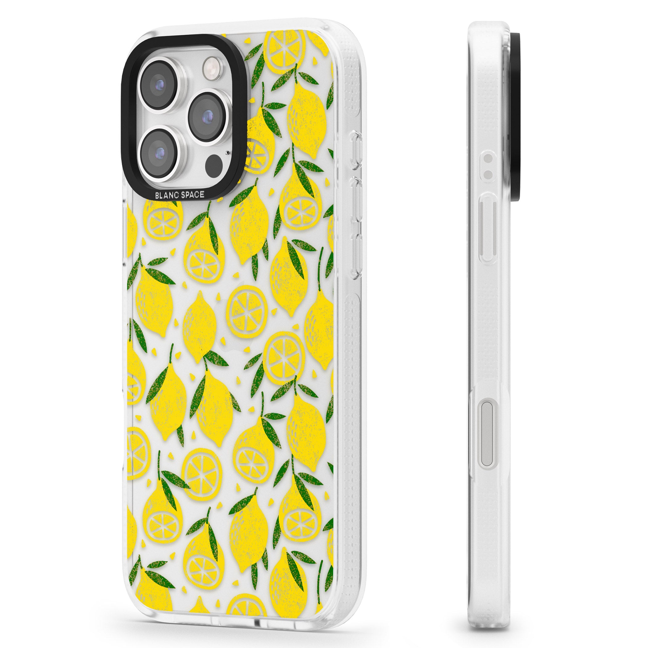 Bright Lemon Fruity Pattern iPhone 16 Pro Max / 16 Pro Clear Case Impact Air - Blanc Space