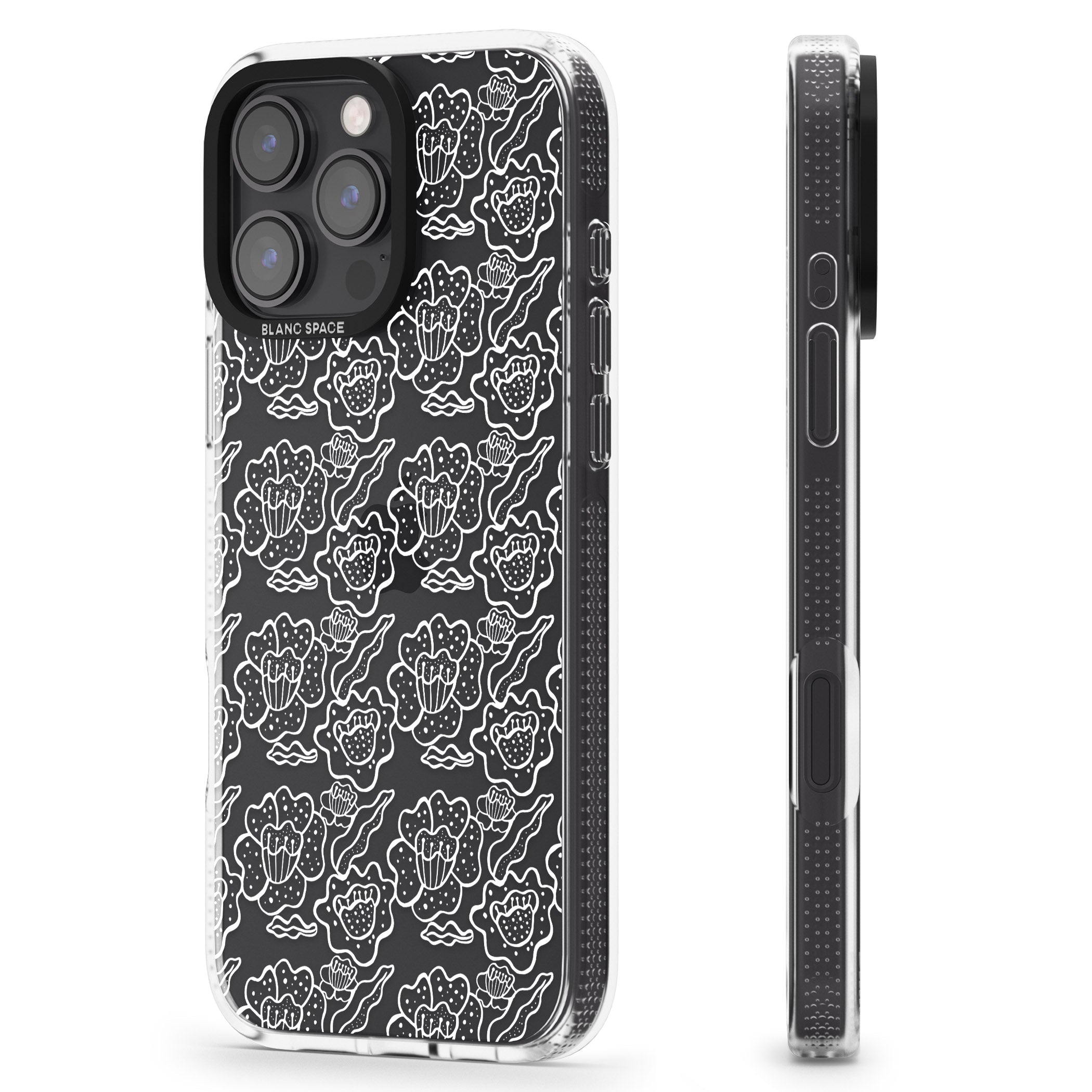 Funky Floral Patterns White on Clear iPhone 16 Pro Max / 16 Pro Clear Case Impact Air - Blanc Space