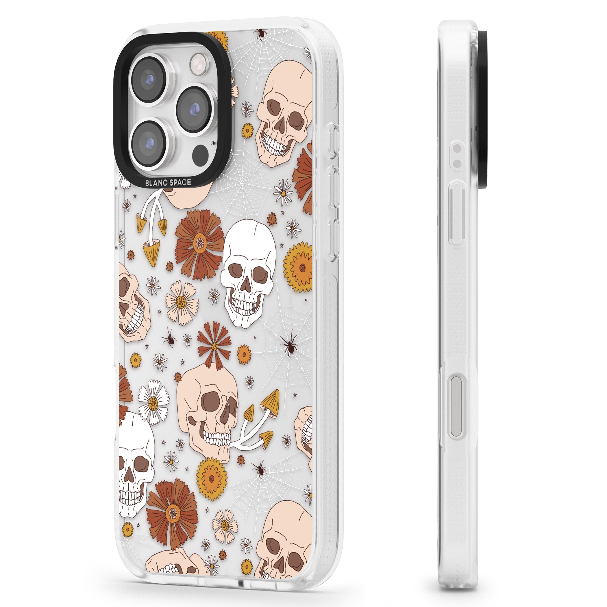 Halloween Skulls and Flowers iPhone 16 Pro Max / 16 Pro Clear Case Impact Air - Blanc Space