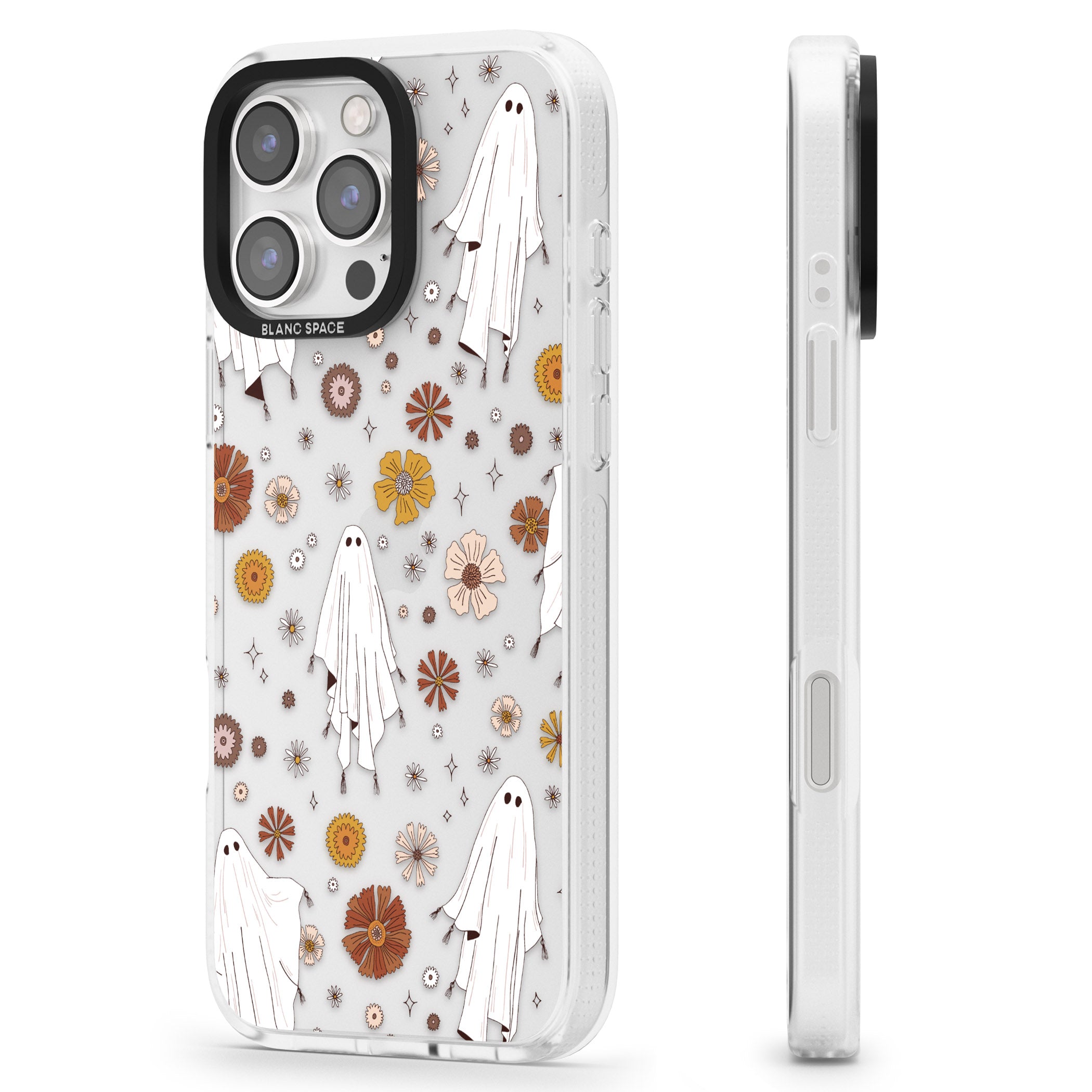 Halloween Ghosts and Flowers iPhone 16 Pro Max / 16 Pro Clear Case Impact Air - Blanc Space