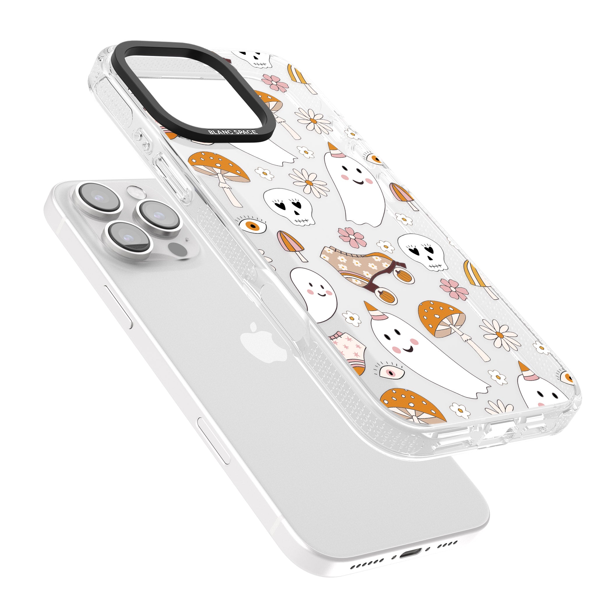 Cute Ghost and Skulls Pattern iPhone 16 Pro Max / 16 Pro Clear Case Impact Air - Blanc Space