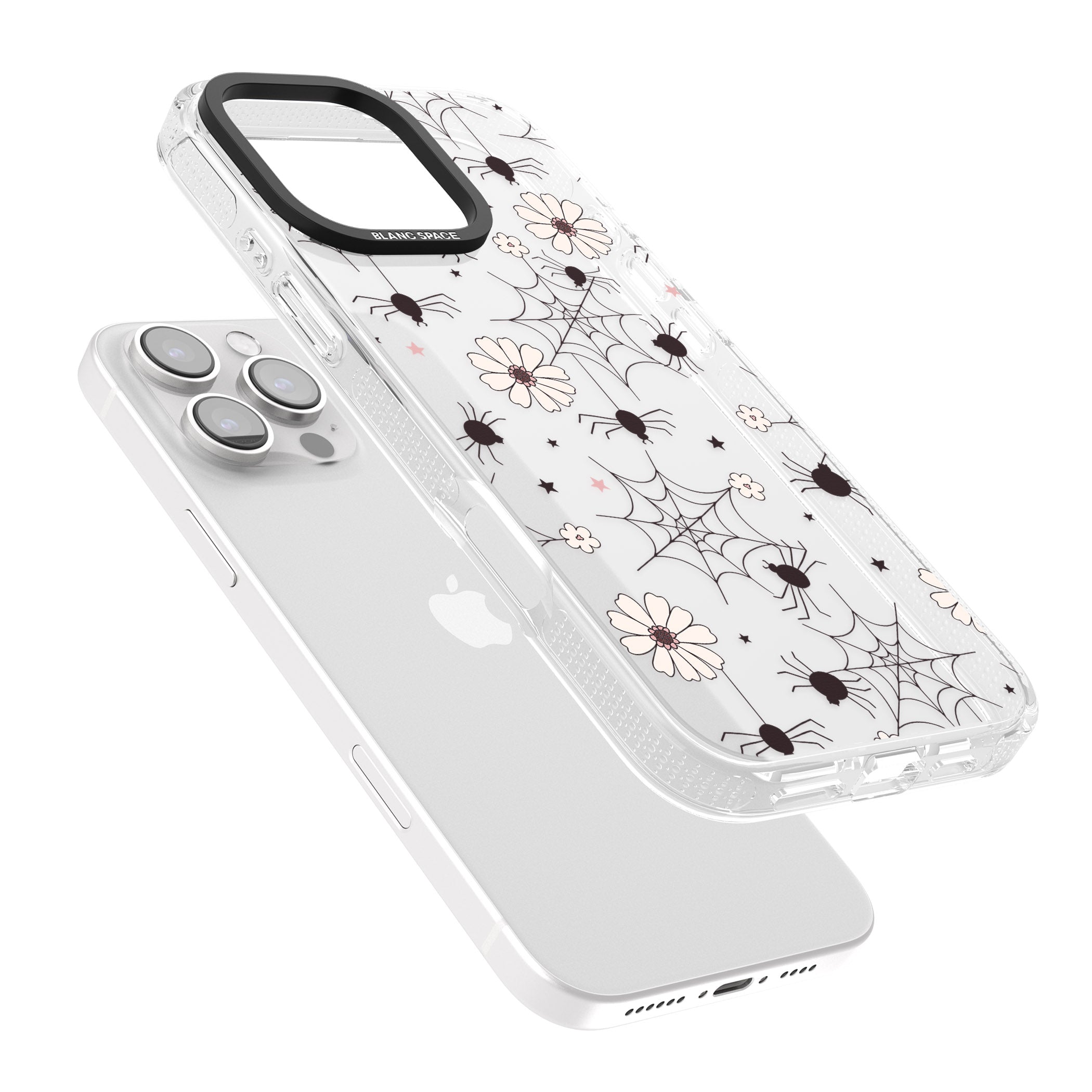 Spiders and Flowers Pattern iPhone 16 Pro Max / 16 Pro Clear Case Impact Air - Blanc Space