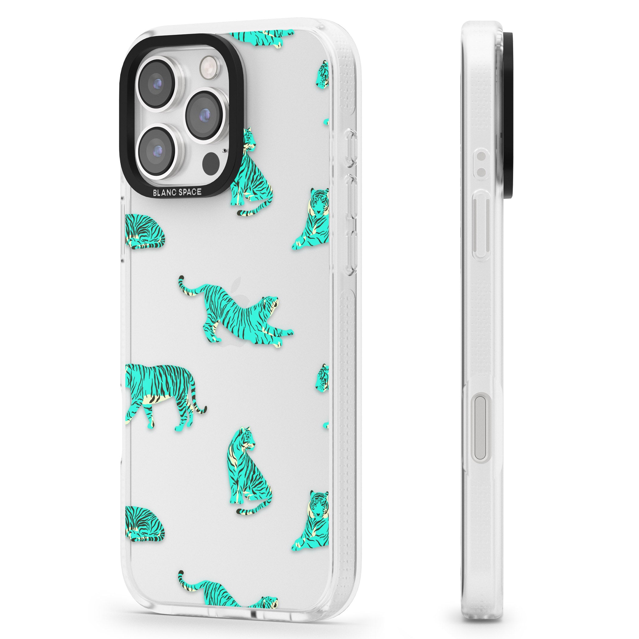Turquoise Tiger Jungle Cat Pattern iPhone 16 Pro Max / 16 Pro Clear Case Impact Air - Blanc Space
