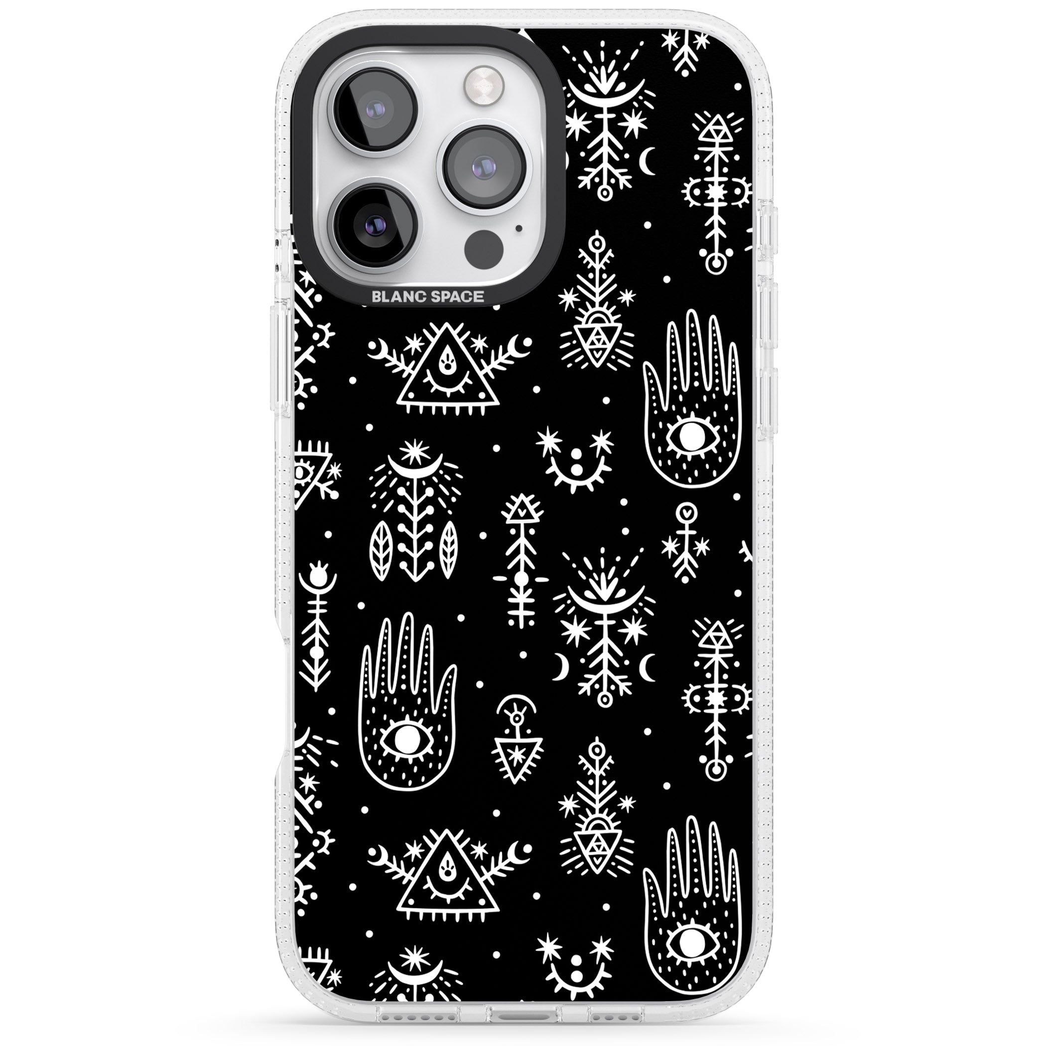Tribal Palms - White on Black iPhone 16 Pro Max / 16 Pro Clear Case Impact Air - Blanc Space