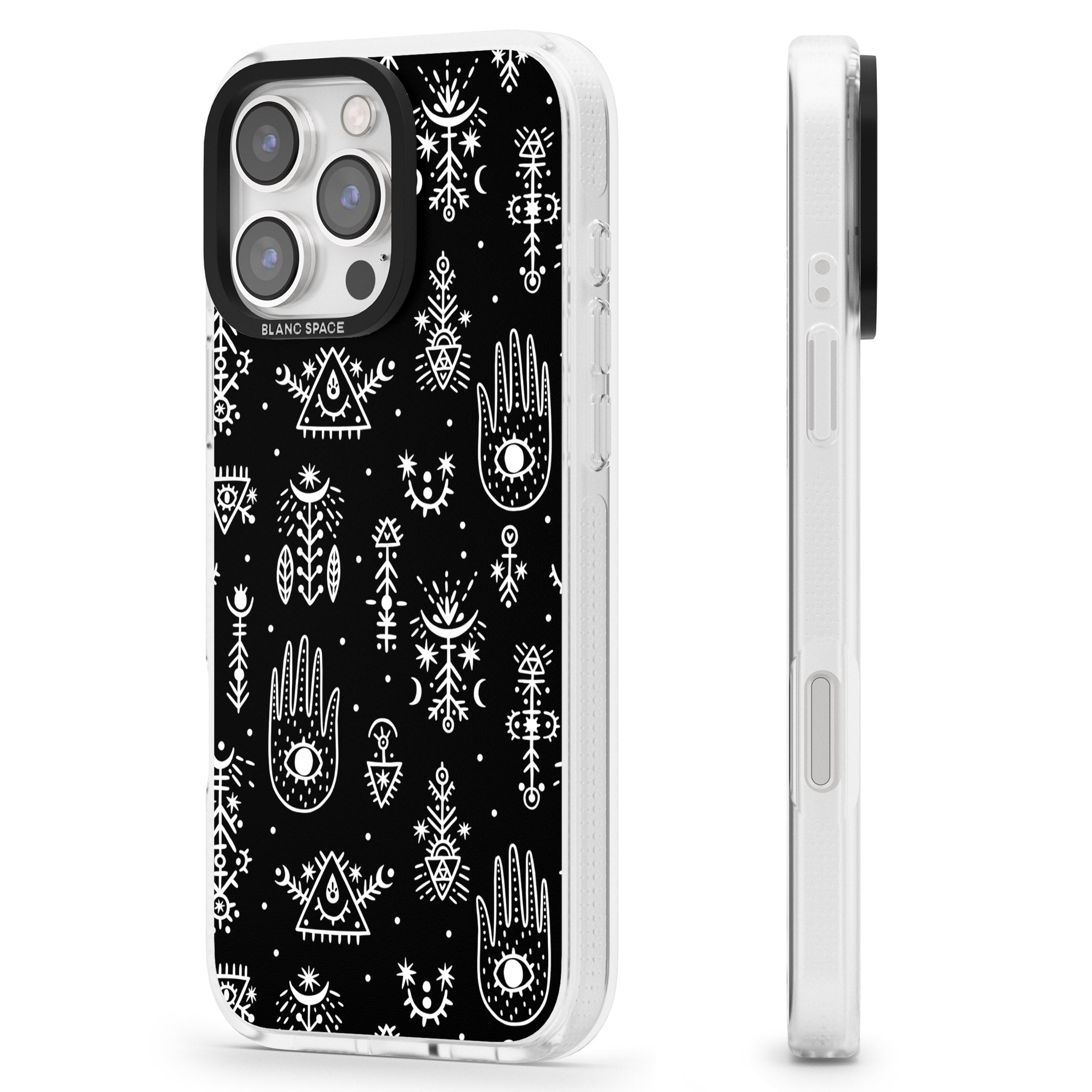 Tribal Palms - White on Black iPhone 16 Pro Max / 16 Pro Clear Case Impact Air - Blanc Space