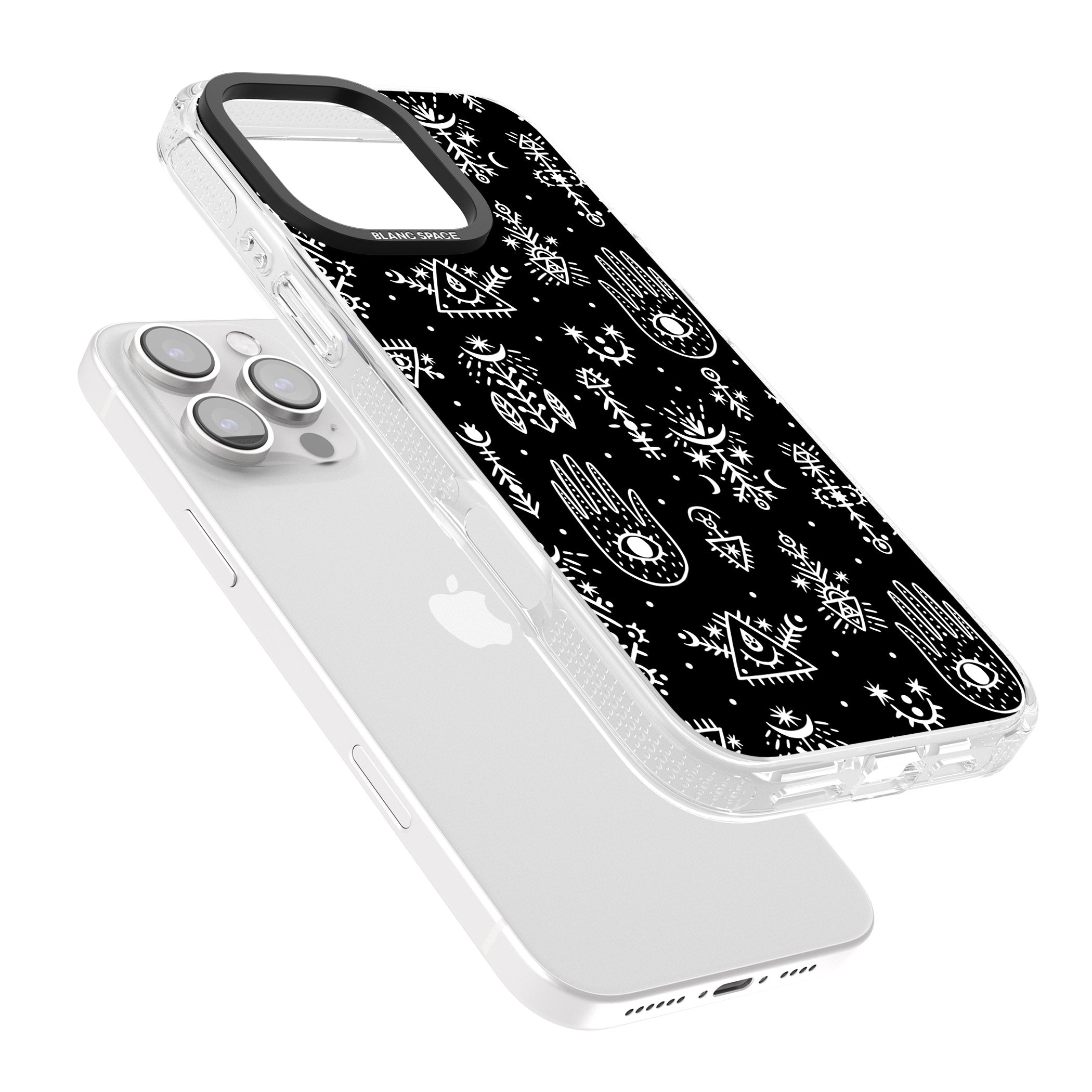 Tribal Palms - White on Black iPhone 16 Pro Max / 16 Pro Clear Case Impact Air - Blanc Space