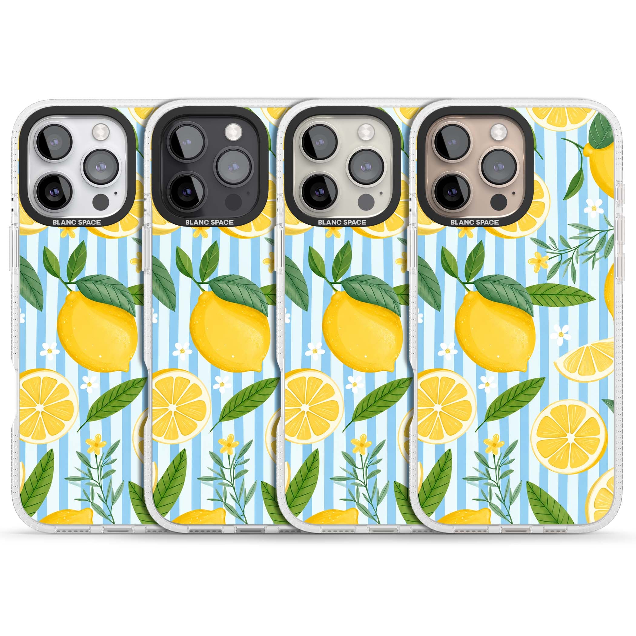 Capri Citrus Stripe coastal iPhone case featuring yellow lemons, blue stripes, and white daisy blossoms | Clear Case Impact Air case for iPhone 16 Pro, iPhone 16 Pro Max