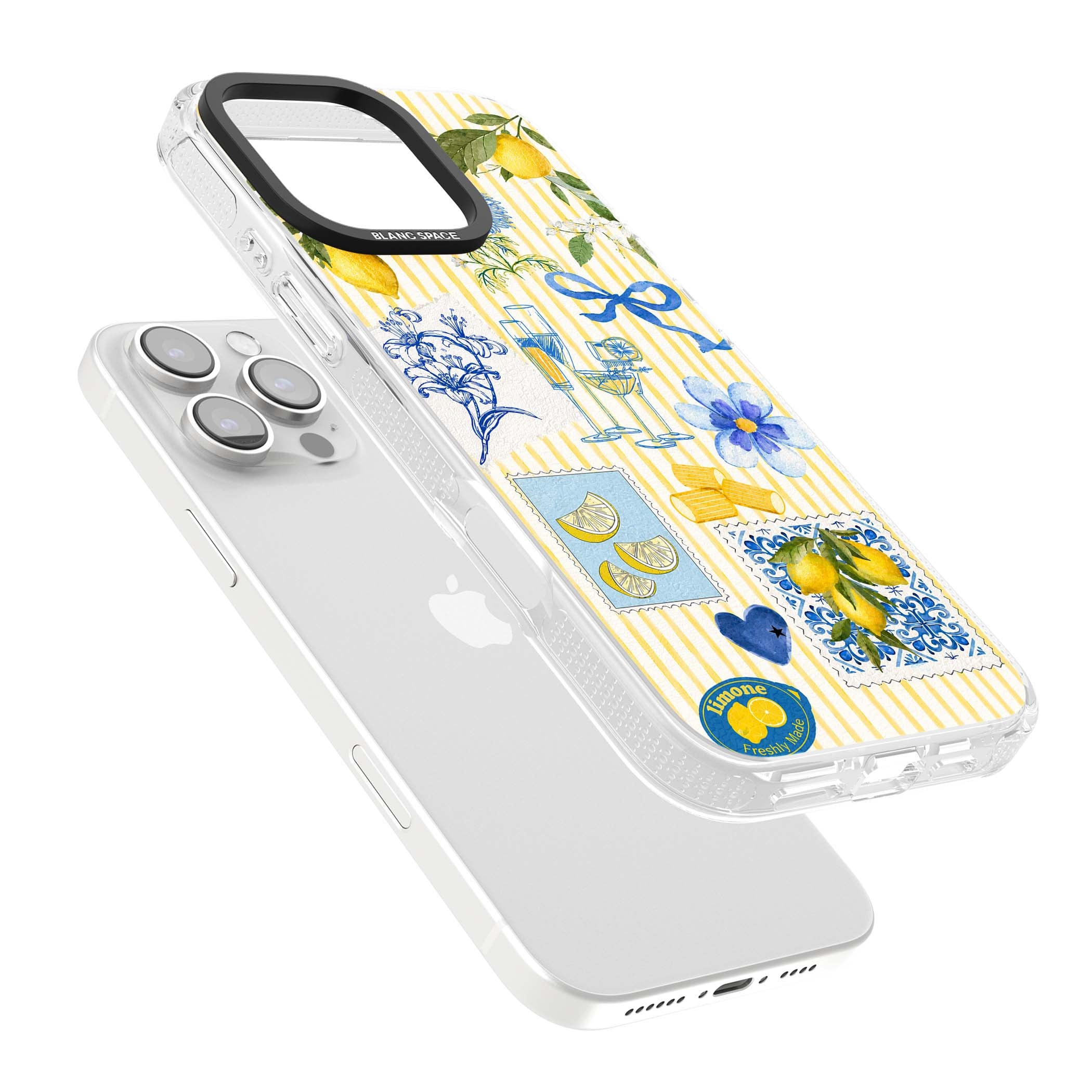 Limone Riviera Italian summer iPhone case featuring watercolour lemons, blue ribbon bows and majolica tile stamps on... | Clear Case Impact Air case for iPhone 16 Pro, iPhone 16 Pro Max