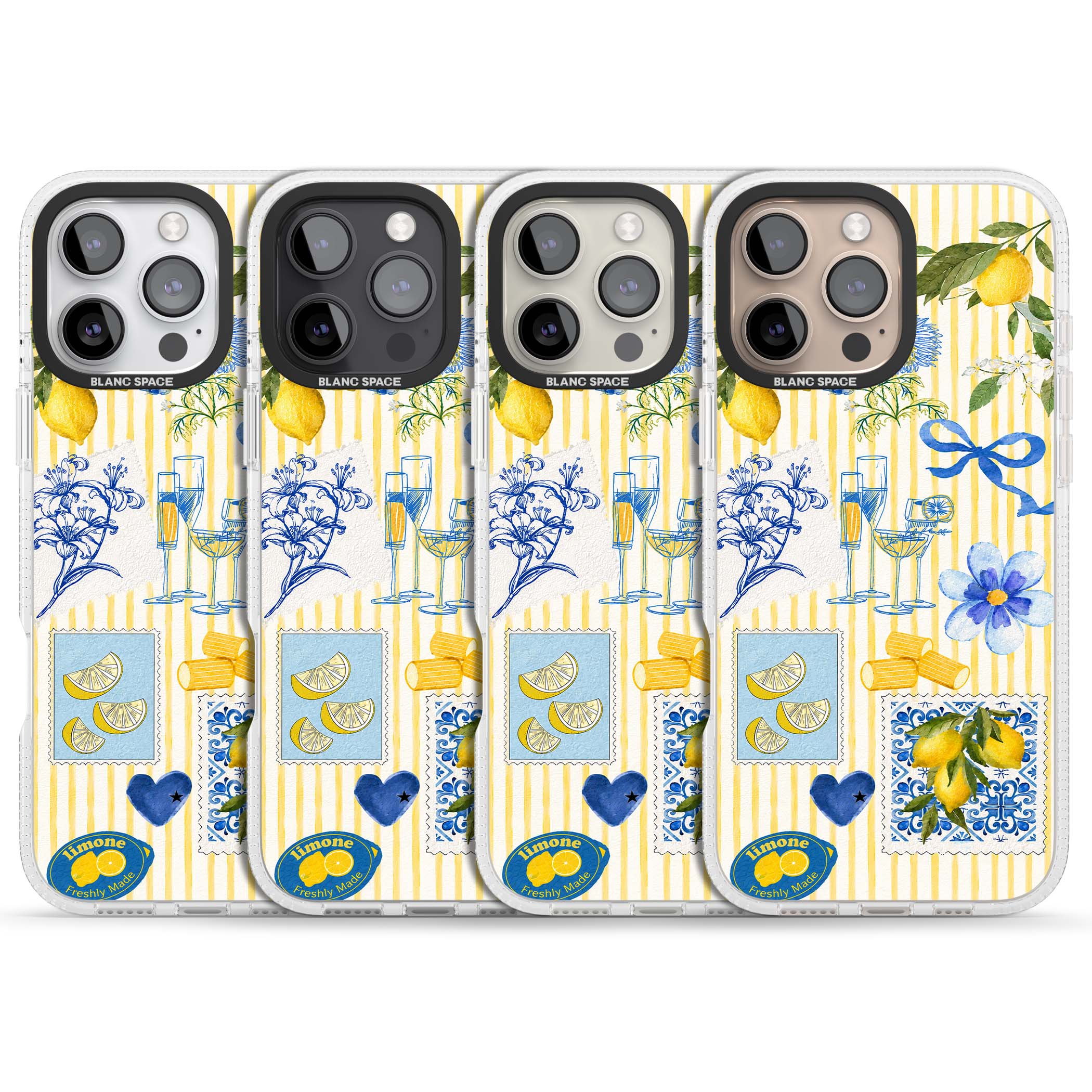 Limone Riviera Italian summer iPhone case featuring watercolour lemons, blue ribbon bows and majolica tile stamps on... | Clear Case Impact Air case for iPhone 16 Pro, iPhone 16 Pro Max