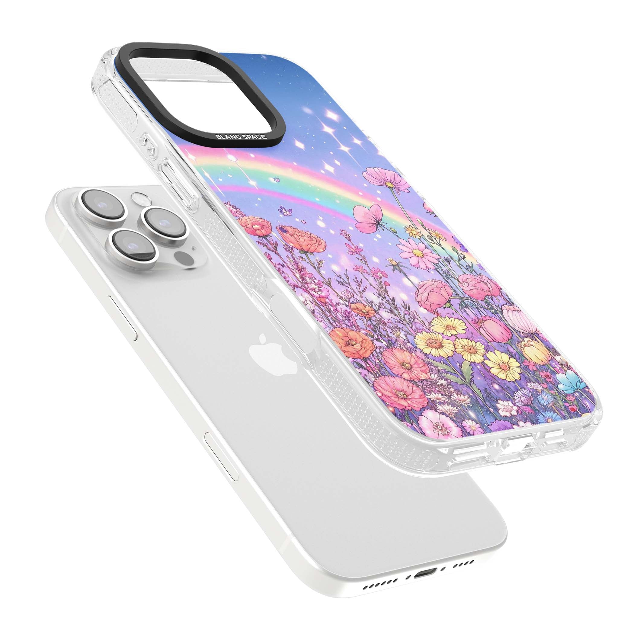 Magical Meadow fairycore iPhone case featuring a pastel rainbow, sparkling stars and a wildflower meadow | Clear Case Impact Air case for iPhone 16 Pro, iPhone 16 Pro Max
