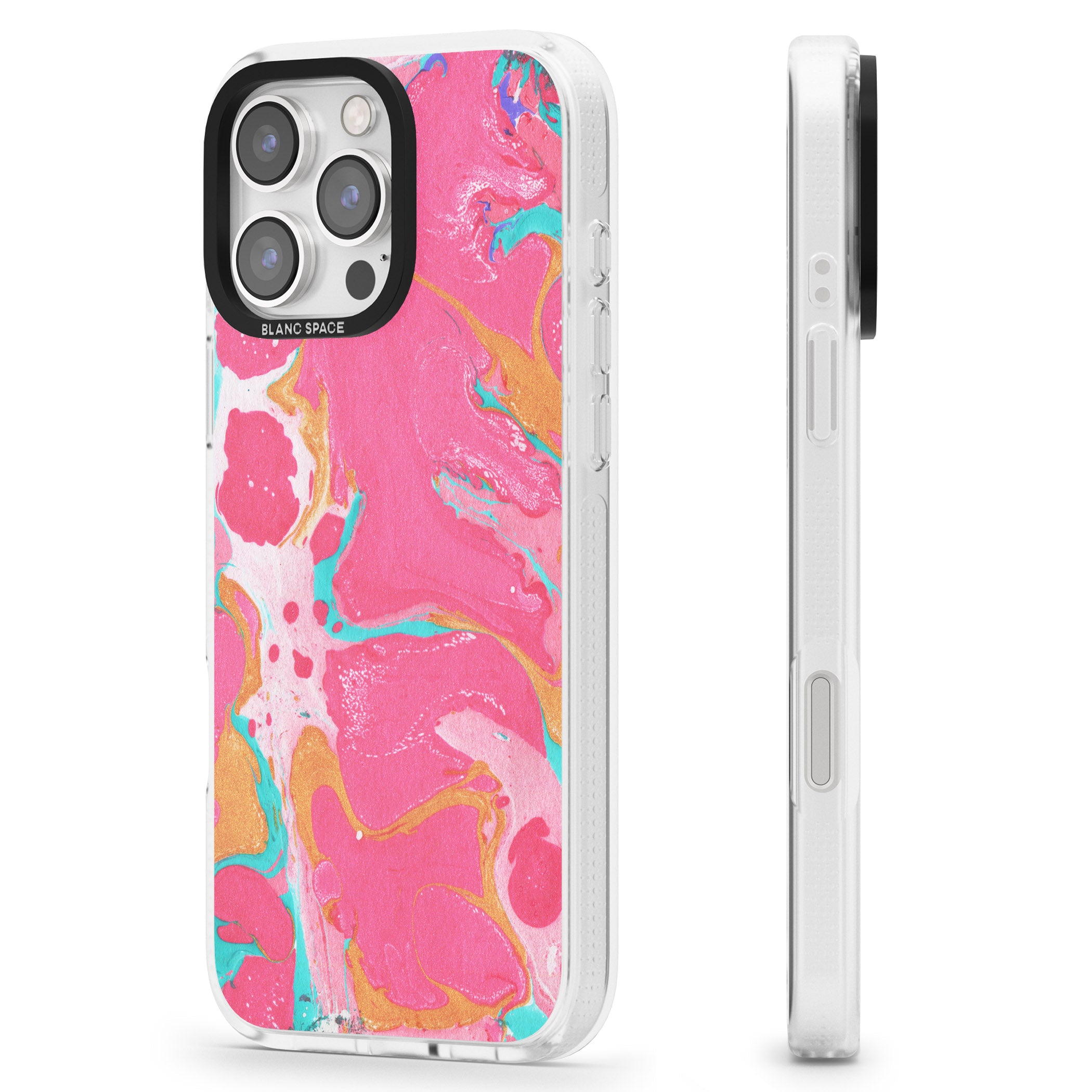 Pink, Orange & Turquoise Marbled Paper Pattern iPhone 16 Pro Max / 16 Pro Clear Case Impact Air - Blanc Space