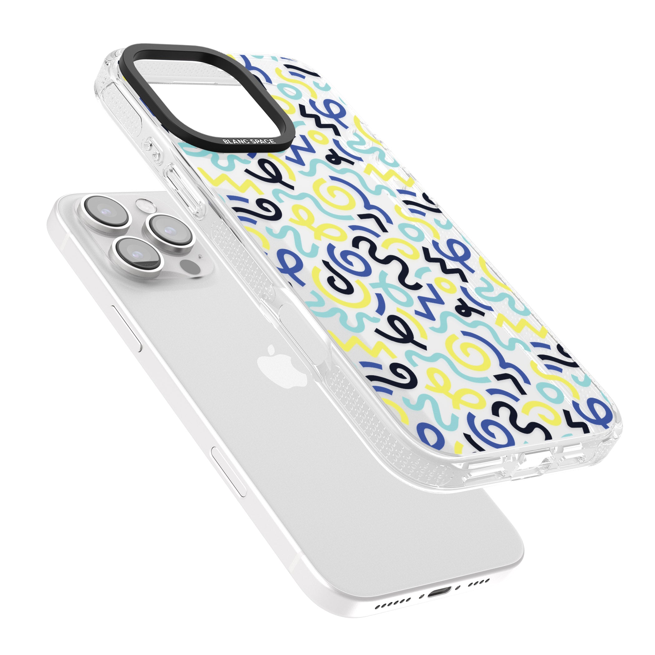 Blue & Yellow Shapes Memphis Retro Pattern Design iPhone 16 Pro Max / 16 Pro Clear Case Impact Air - Blanc Space