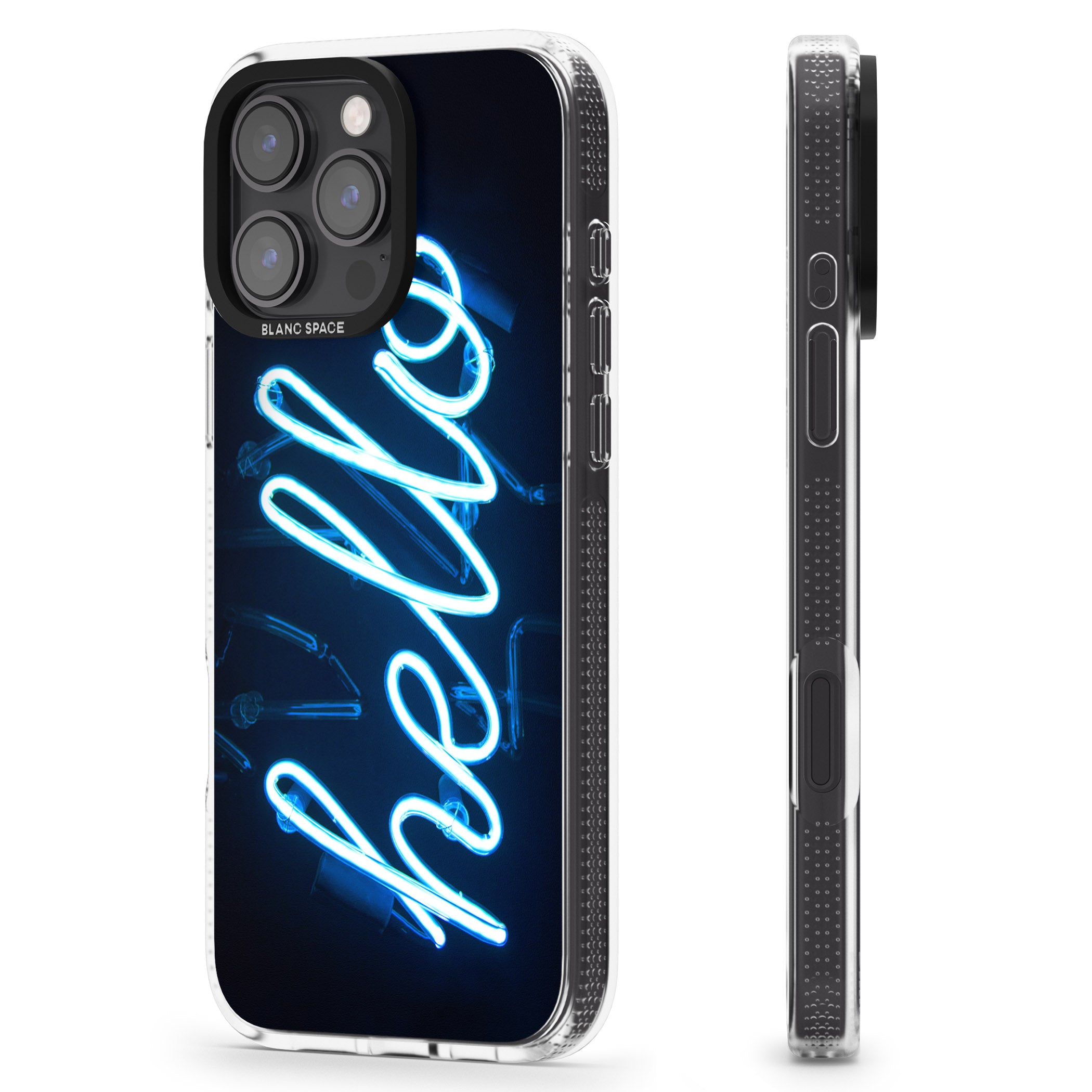 "Hello" Blue Cursive Neon Sign iPhone 16 Pro Max / 16 Pro Clear Case Impact Air - Blanc Space