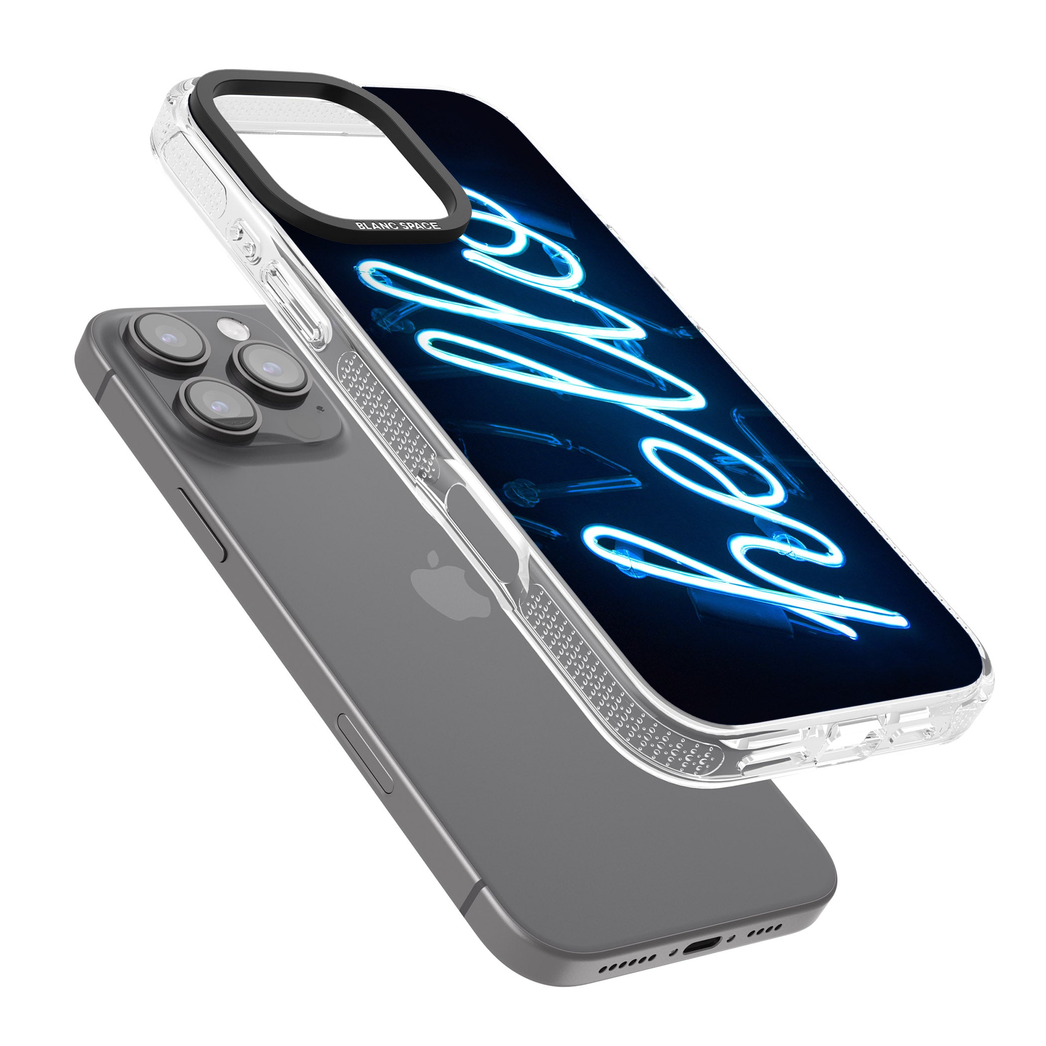 "Hello" Blue Cursive Neon Sign iPhone 16 Pro Max / 16 Pro Clear Case Impact Air - Blanc Space