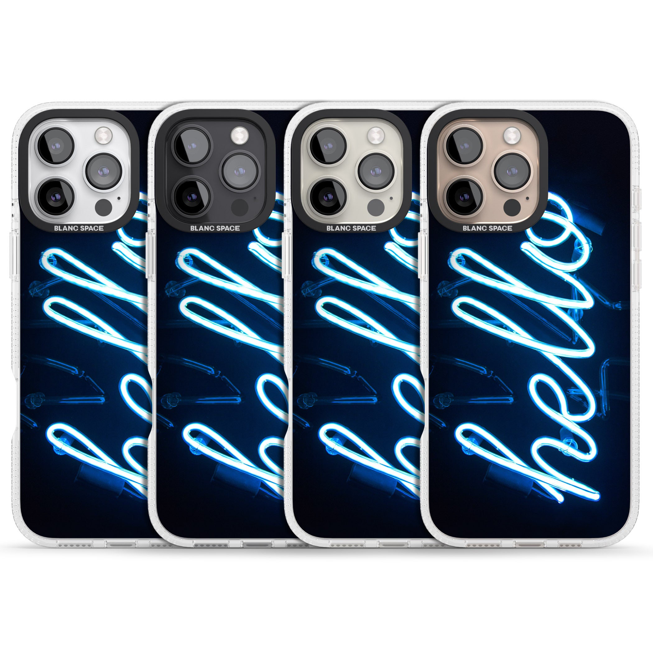 "Hello" Blue Cursive Neon Sign iPhone 16 Pro Max / 16 Pro Clear Case Impact Air - Blanc Space