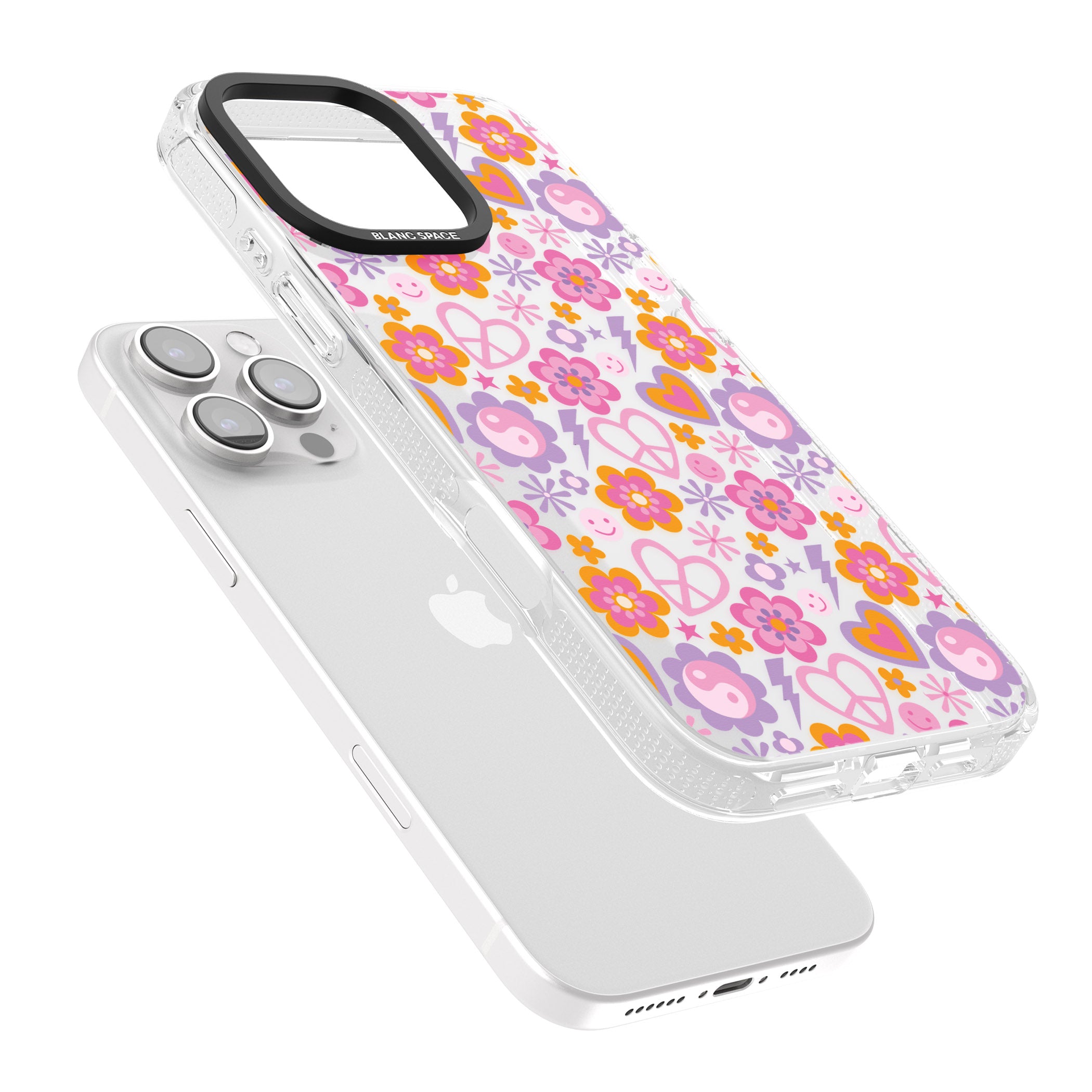 Peace, Love and Flowers Pattern iPhone 16 Pro Max / 16 Pro Clear Case Impact Air - Blanc Space