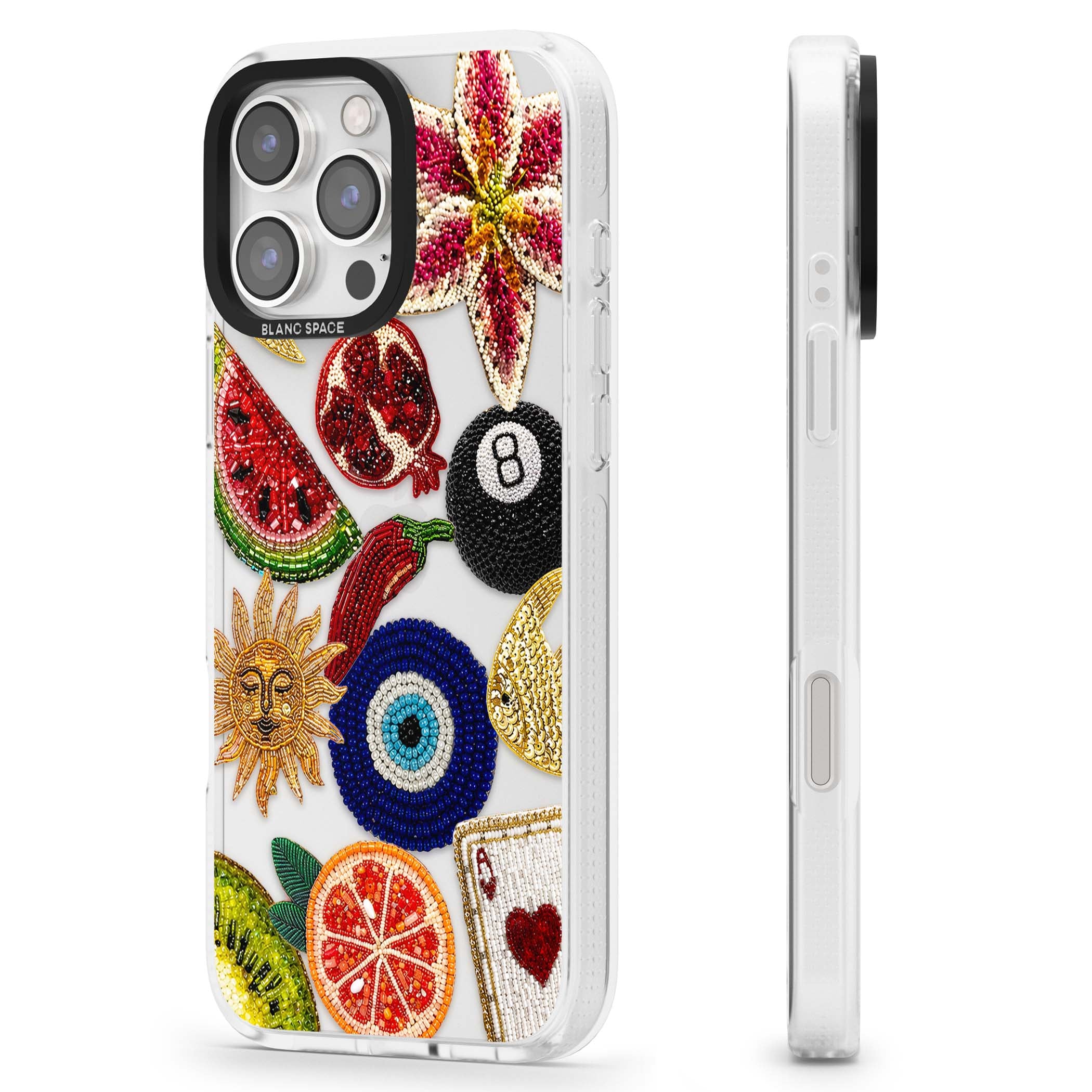 Beaded Charms embroidery iPhone case featuring beaded evil eye, fruit patches and a golden sun motif | Clear Case Impact Air case for iPhone 16 Pro, iPhone 16 Pro Max