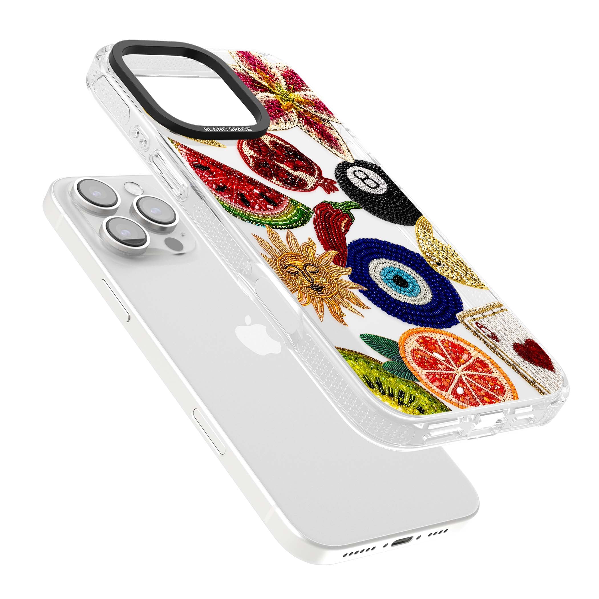 Beaded Charms embroidery iPhone case featuring beaded evil eye, fruit patches and a golden sun motif | Clear Case Impact Air case for iPhone 16 Pro, iPhone 16 Pro Max