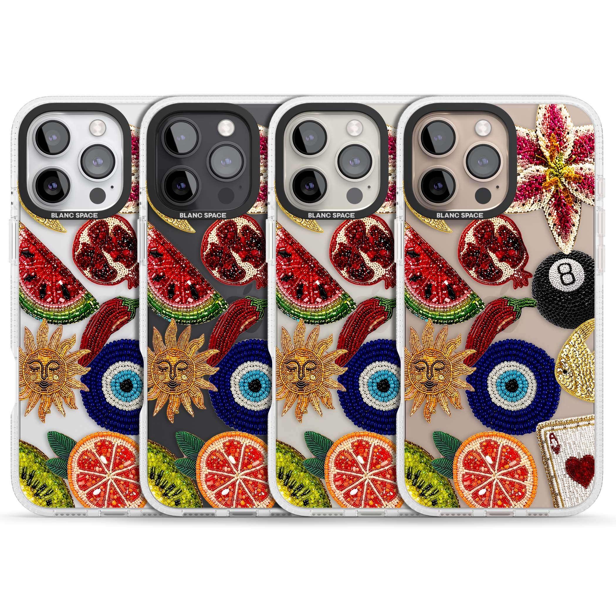 Beaded Charms embroidery iPhone case featuring beaded evil eye, fruit patches and a golden sun motif | Clear Case Impact Air case for iPhone 16 Pro, iPhone 16 Pro Max