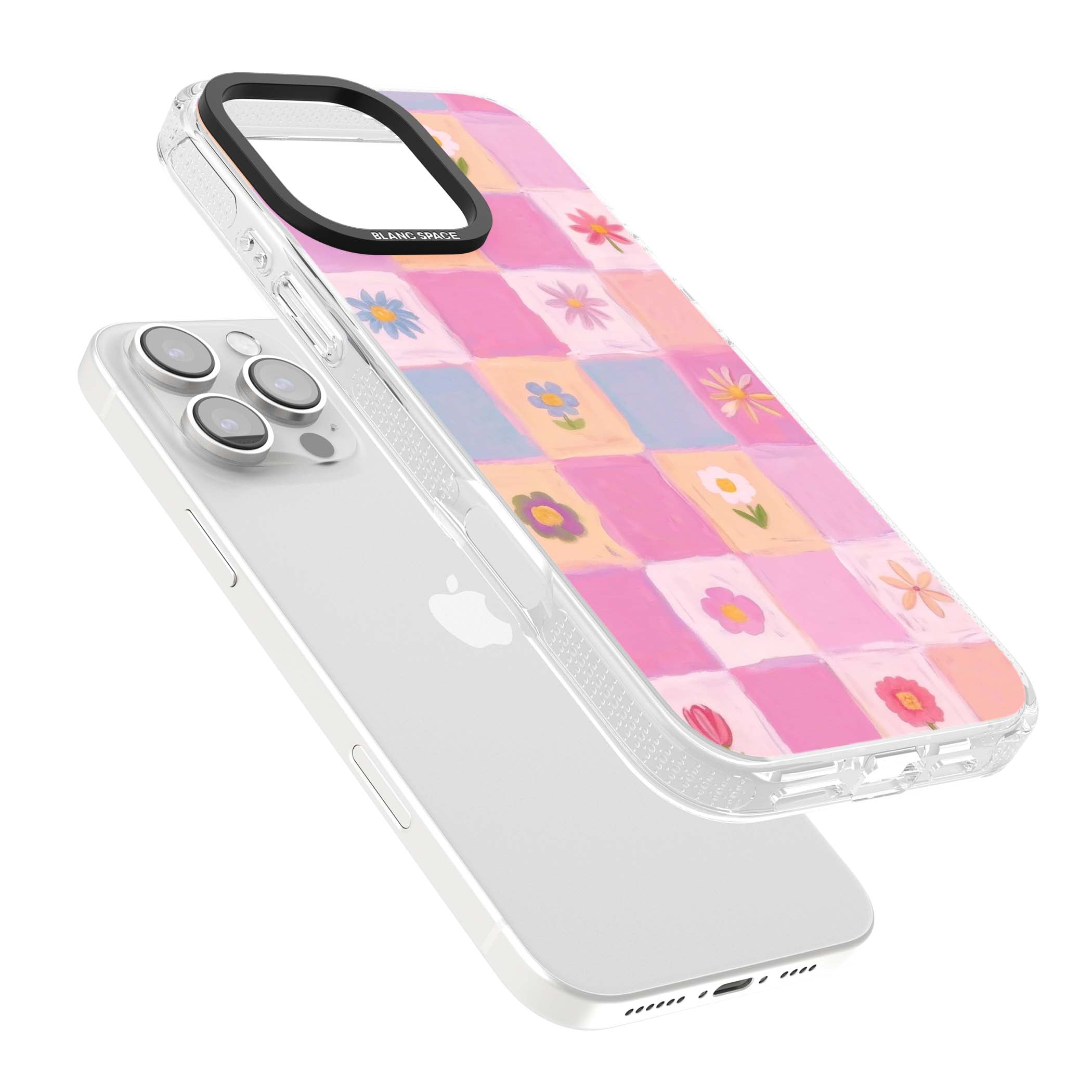 Pastel Flower Patchwork cottagecore iPhone case featuring painted pink and lilac squares with daisies and wildflowers | Clear Case Impact Air case for iPhone 16 Pro, iPhone 16 Pro Max