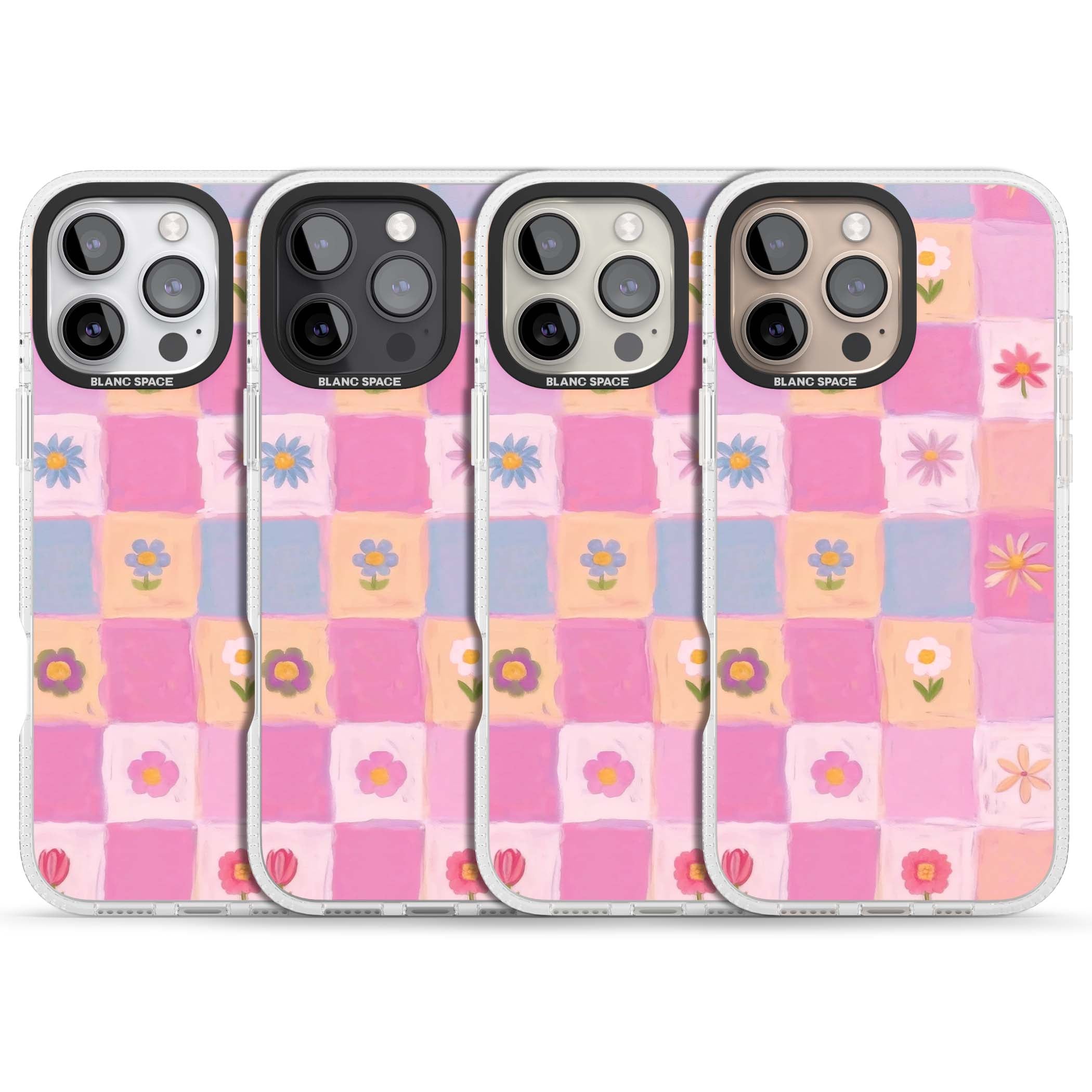 Pastel Flower Patchwork cottagecore iPhone case featuring painted pink and lilac squares with daisies and wildflowers | Clear Case Impact Air case for iPhone 16 Pro, iPhone 16 Pro Max
