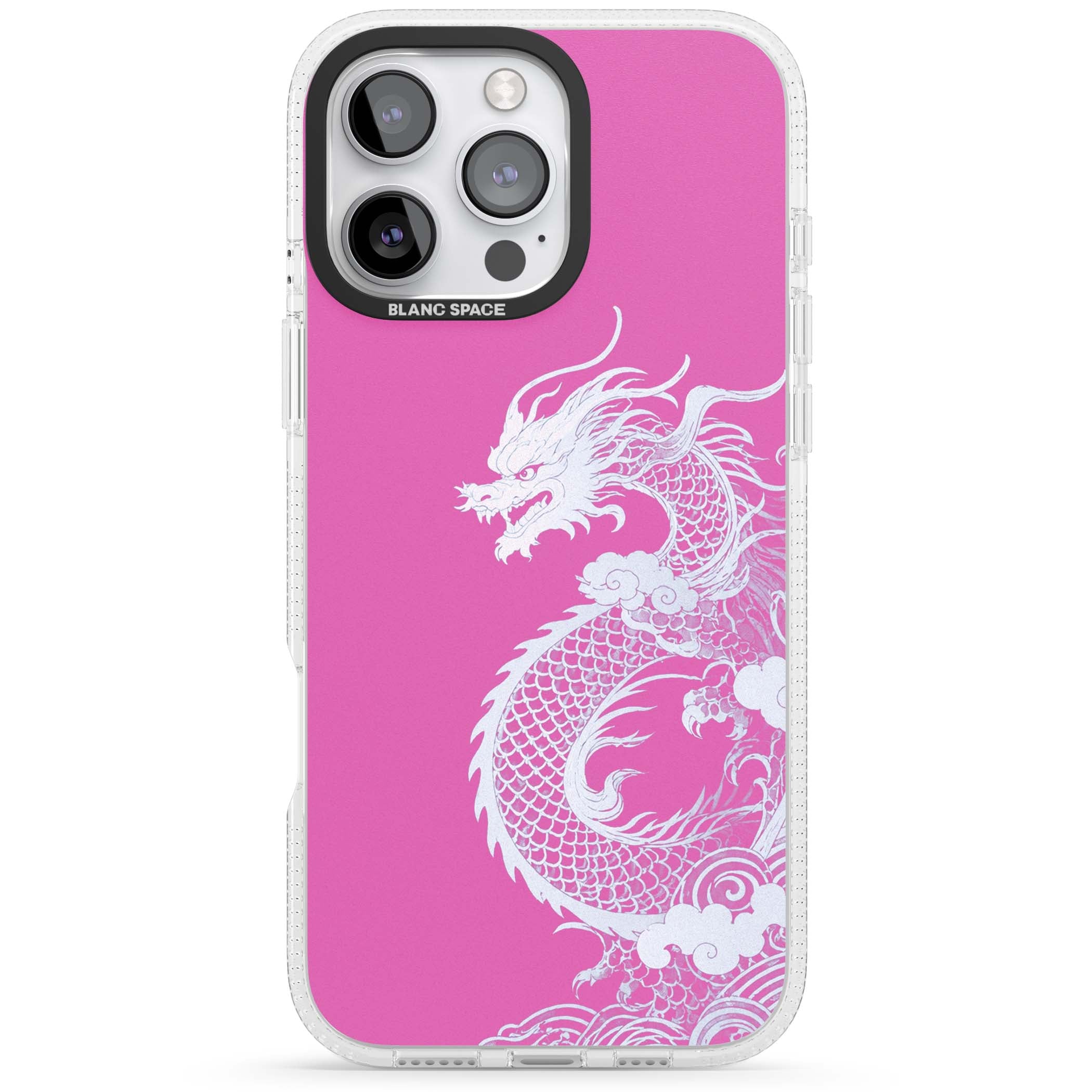 Pink Empress chinese dragon iPhone case featuring a white dragon, swirling clouds and pink dragon wallpaper backdrop | Clear Case Impact Air case for iPhone 16 Pro, iPhone 16 Pro Max