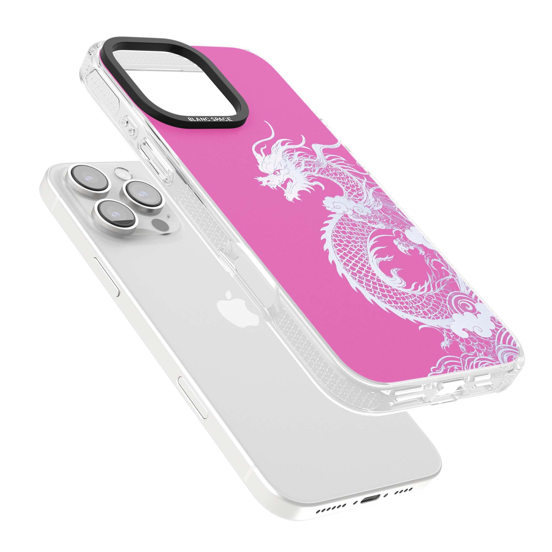 Pink Empress chinese dragon iPhone case featuring a white dragon, swirling clouds and pink dragon wallpaper backdrop | Clear Case Impact Air case for iPhone 16 Pro, iPhone 16 Pro Max