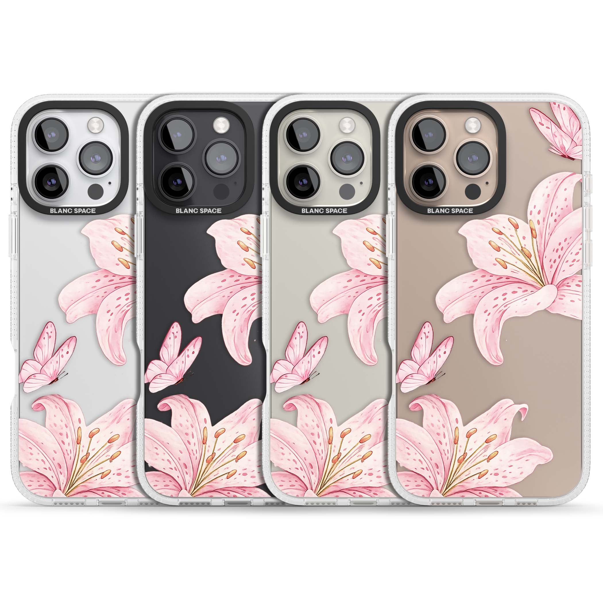 Lily Whisper floral iPhone case featuring pink watercolour lilies and delicate butterflies on a clear background | Clear Case Impact Air case for iPhone 16 Pro, iPhone 16 Pro Max