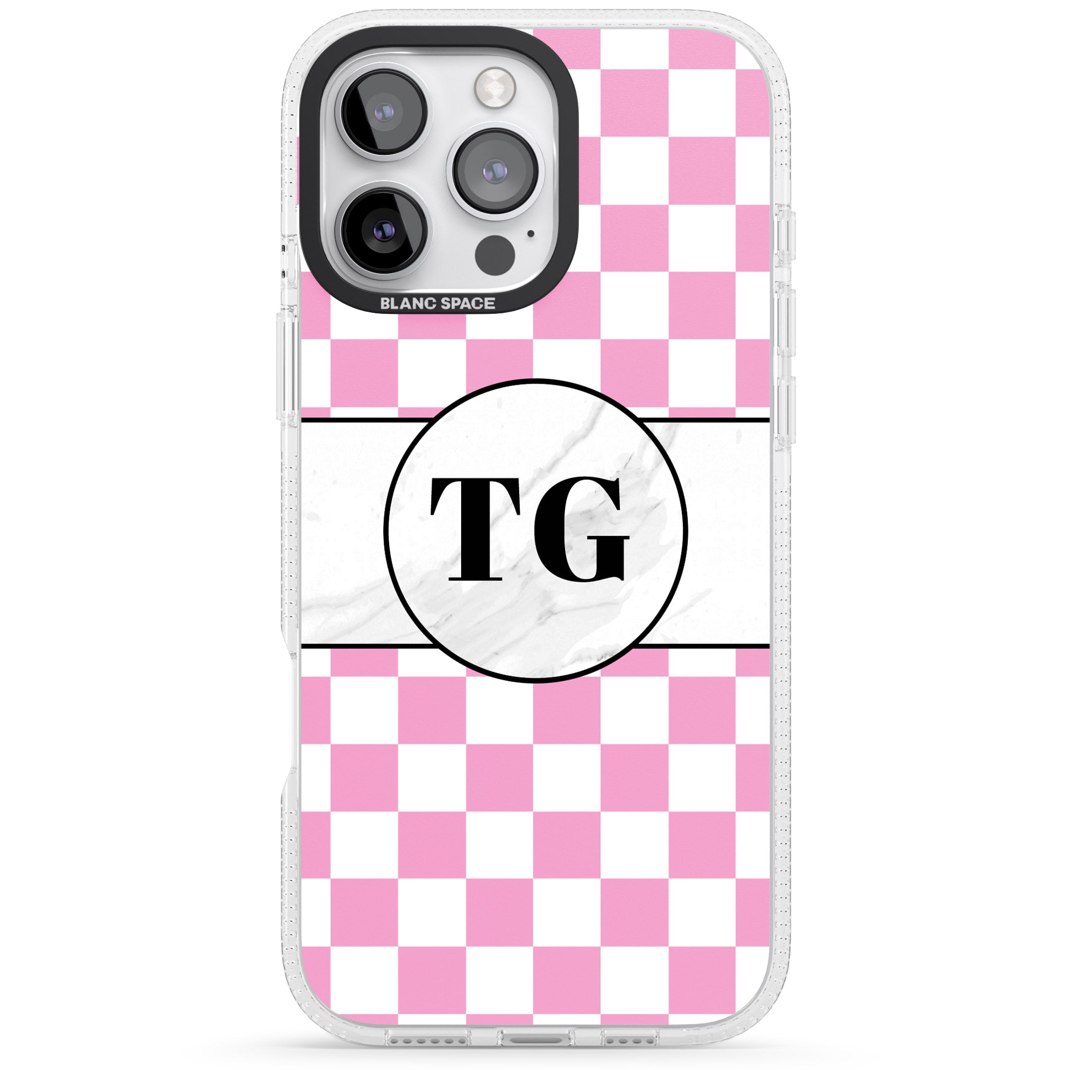 Personalised Monogrammed Pink Check iPhone 16 Pro Max / 16 Pro Clear Case Impact Air - Blanc Space