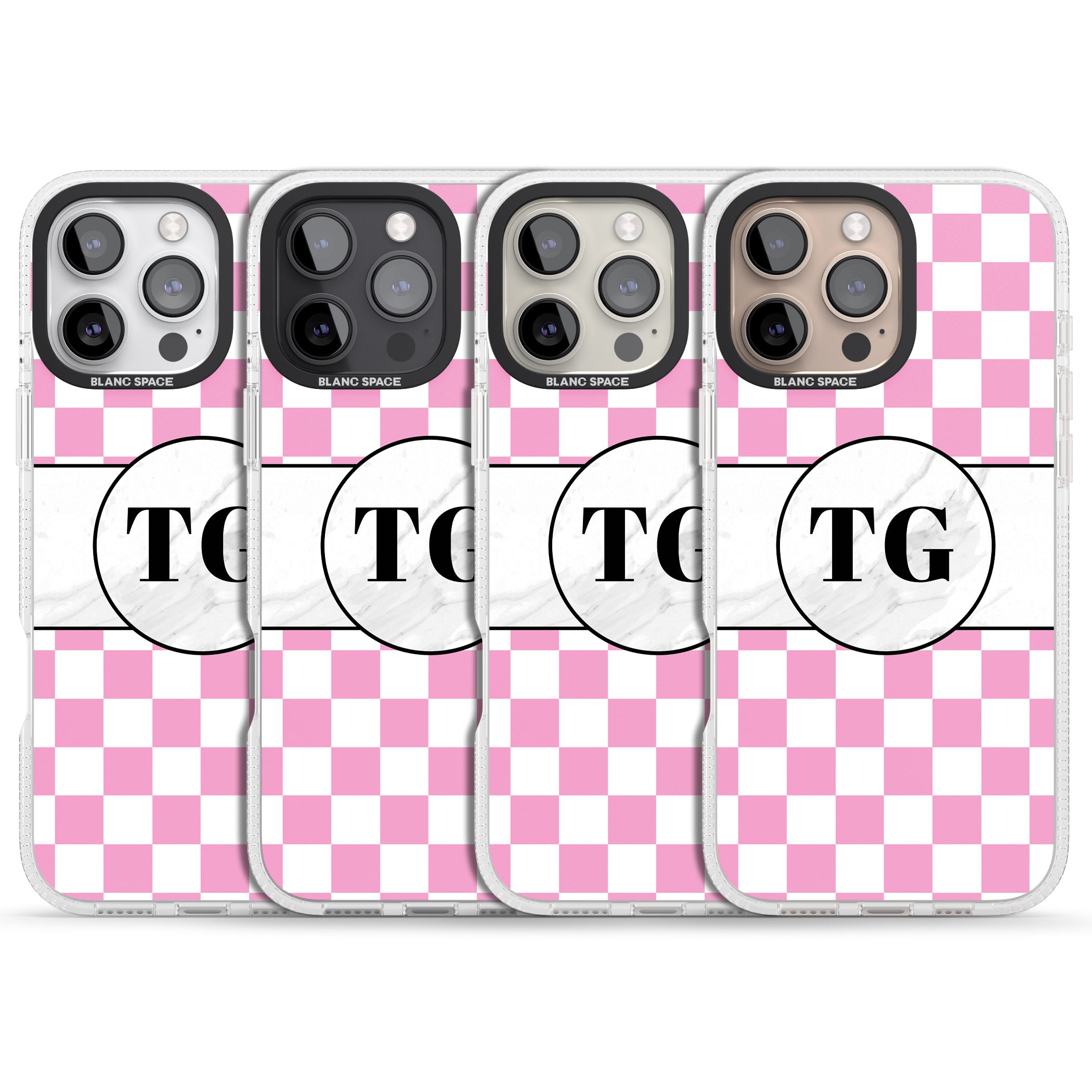 Personalised Monogrammed Pink Check iPhone 16 Pro Max / 16 Pro Clear Case Impact Air - Blanc Space
