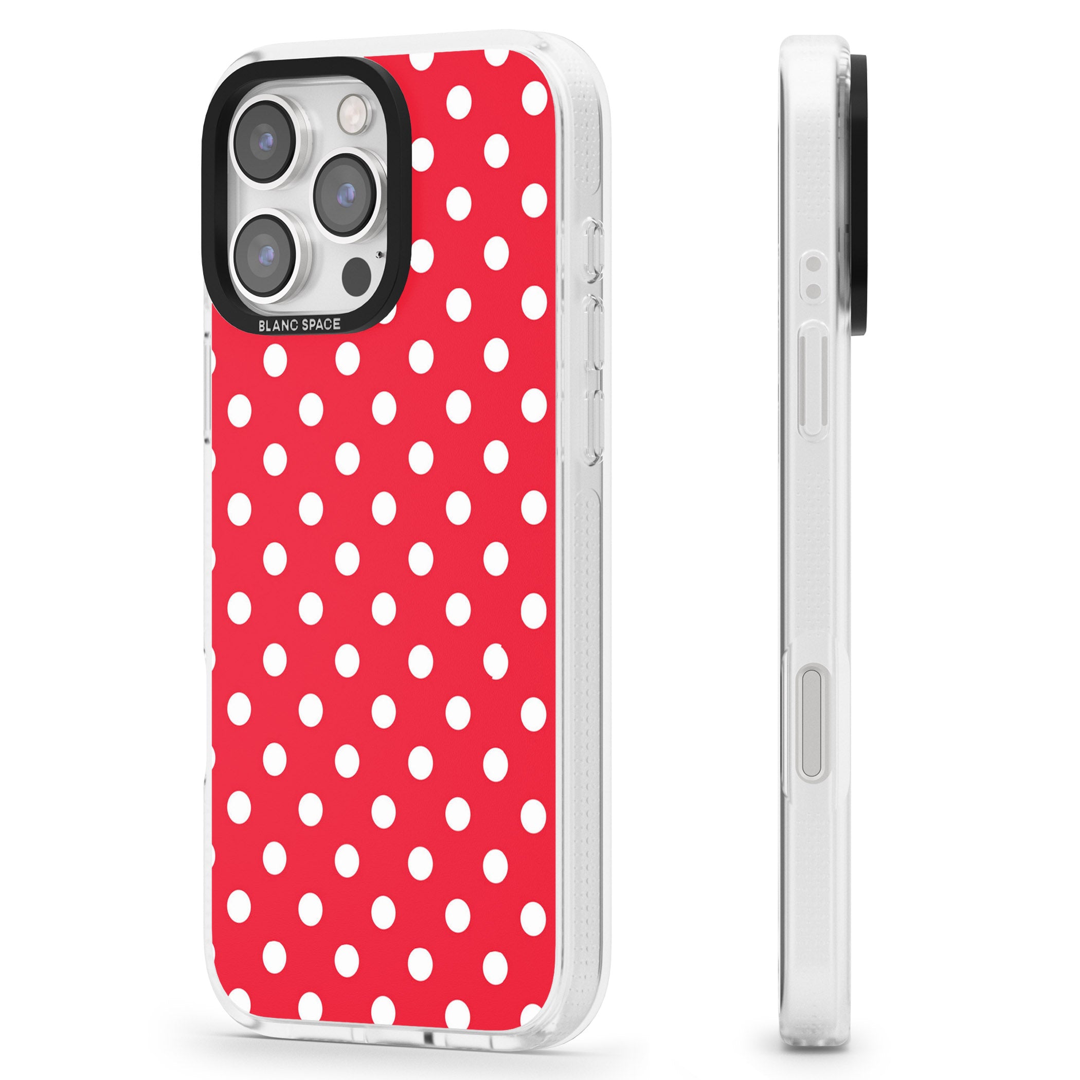 Designer Lava Red Polka Dot iPhone 16 Pro Max / 16 Pro Clear Case Impact Air - Blanc Space