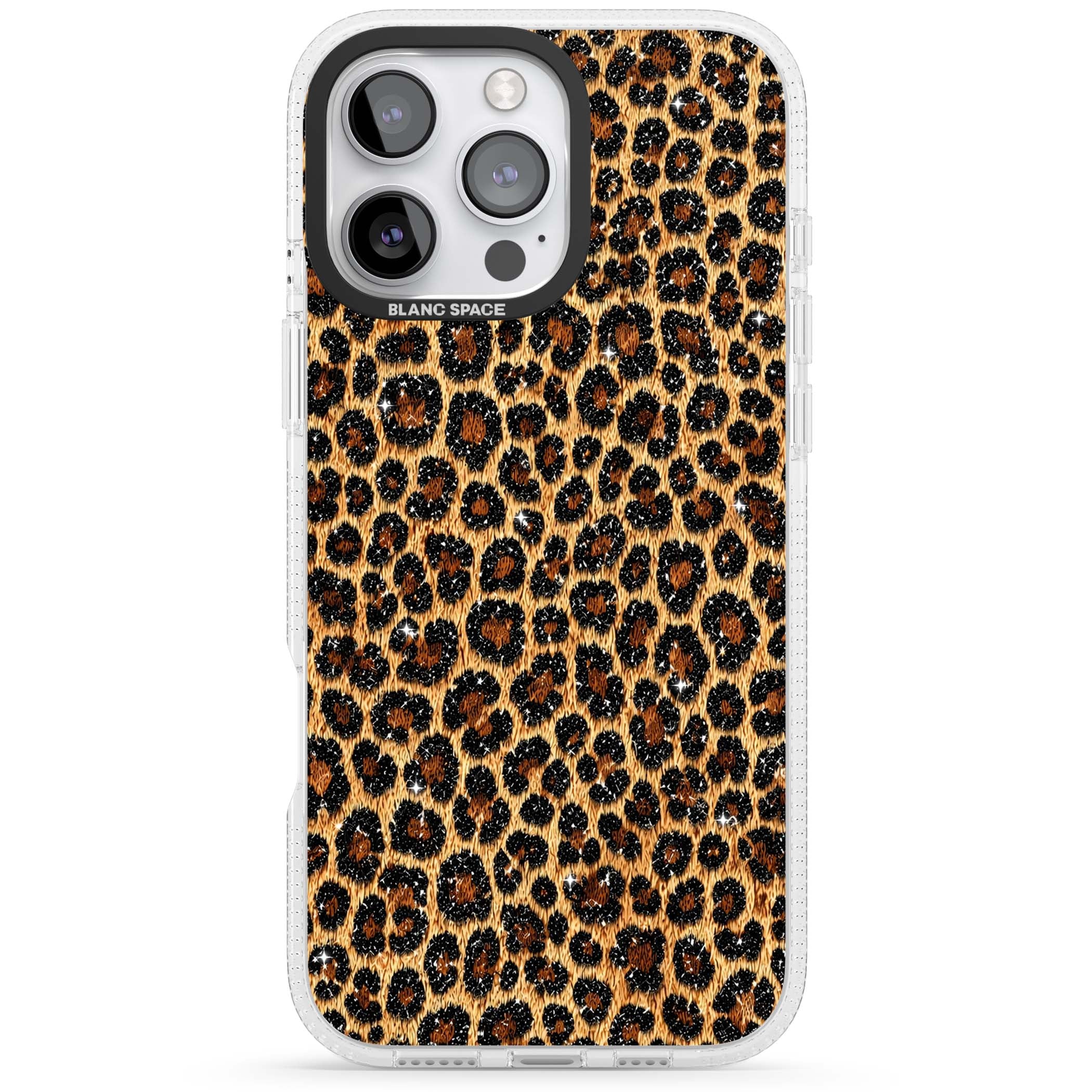 Diamond Leopard leopard print iPhone case featuring golden tan fur, black rosette spots and subtle glitter sparkle | Clear Case Impact Air case for iPhone 16 Pro, iPhone 16 Pro Max
