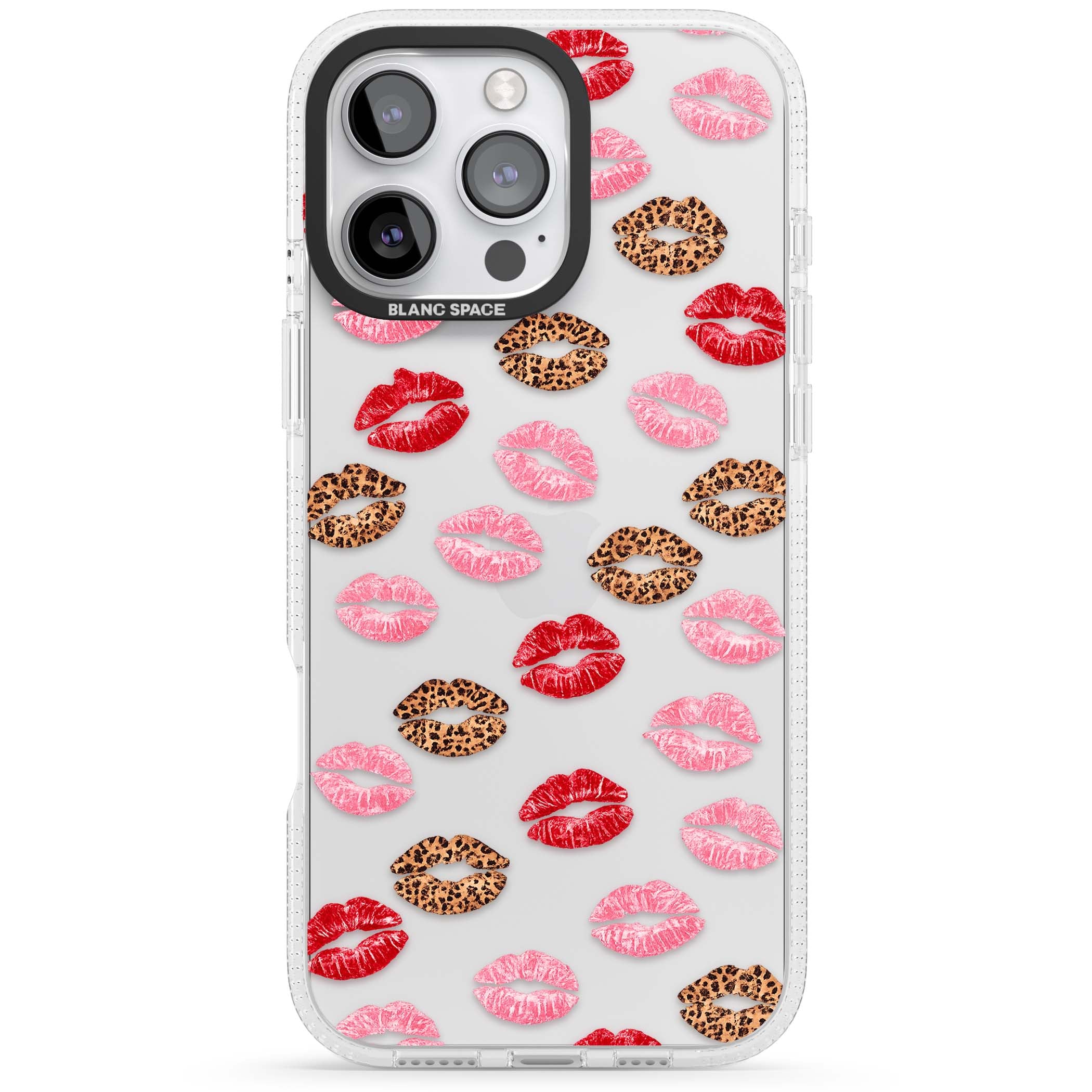 Wild Kisses coquette iPhone case featuring red, pink and leopard print lipstick kiss marks on a clear background | Clear Case Impact Air case for iPhone 16 Pro, iPhone 16 Pro Max