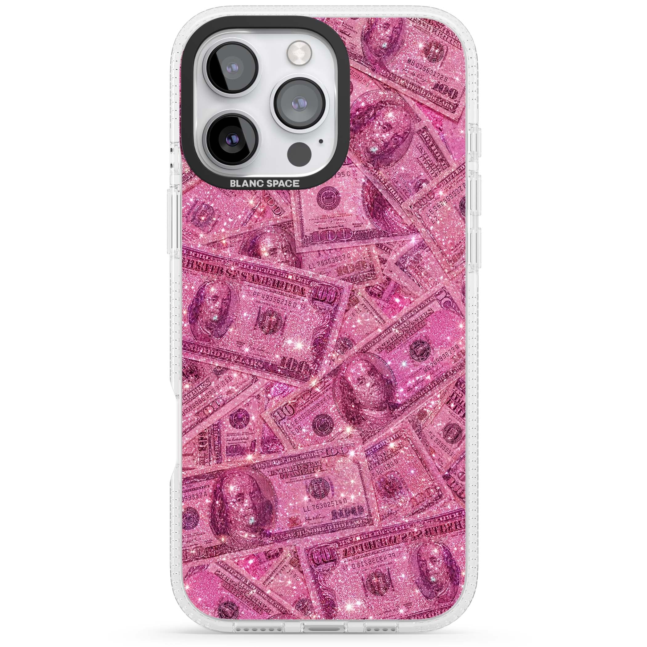 Glamorous baddie iPhone case featuring pink glitter hundred dollar bills and sparkling money wallpaper design | Clear Case Impact Air case for iPhone 16 Pro, iPhone 16 Pro Max
